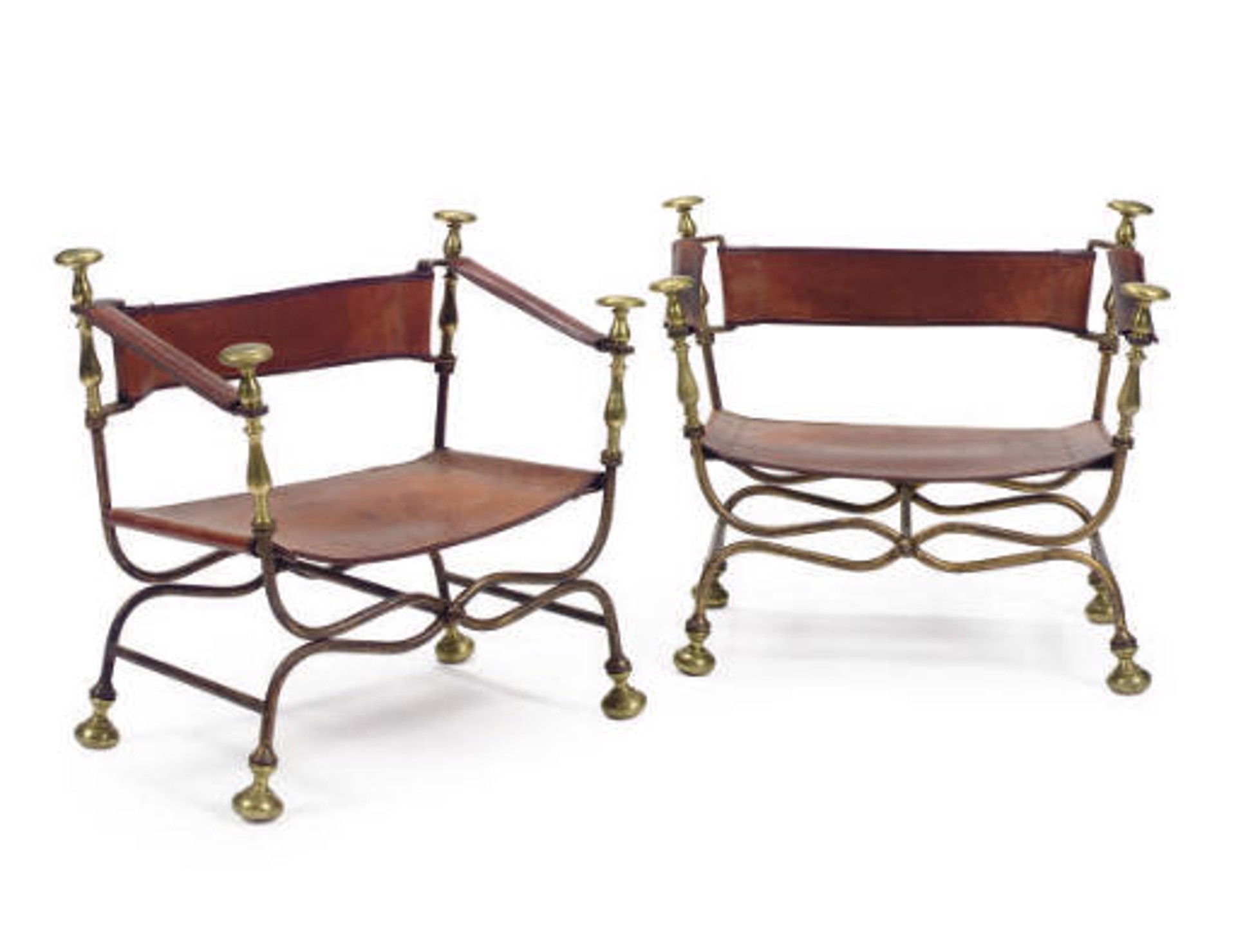 SET OF TWO GILT-IRON AND BRASS CURULE-FORM ARMCHAIRS