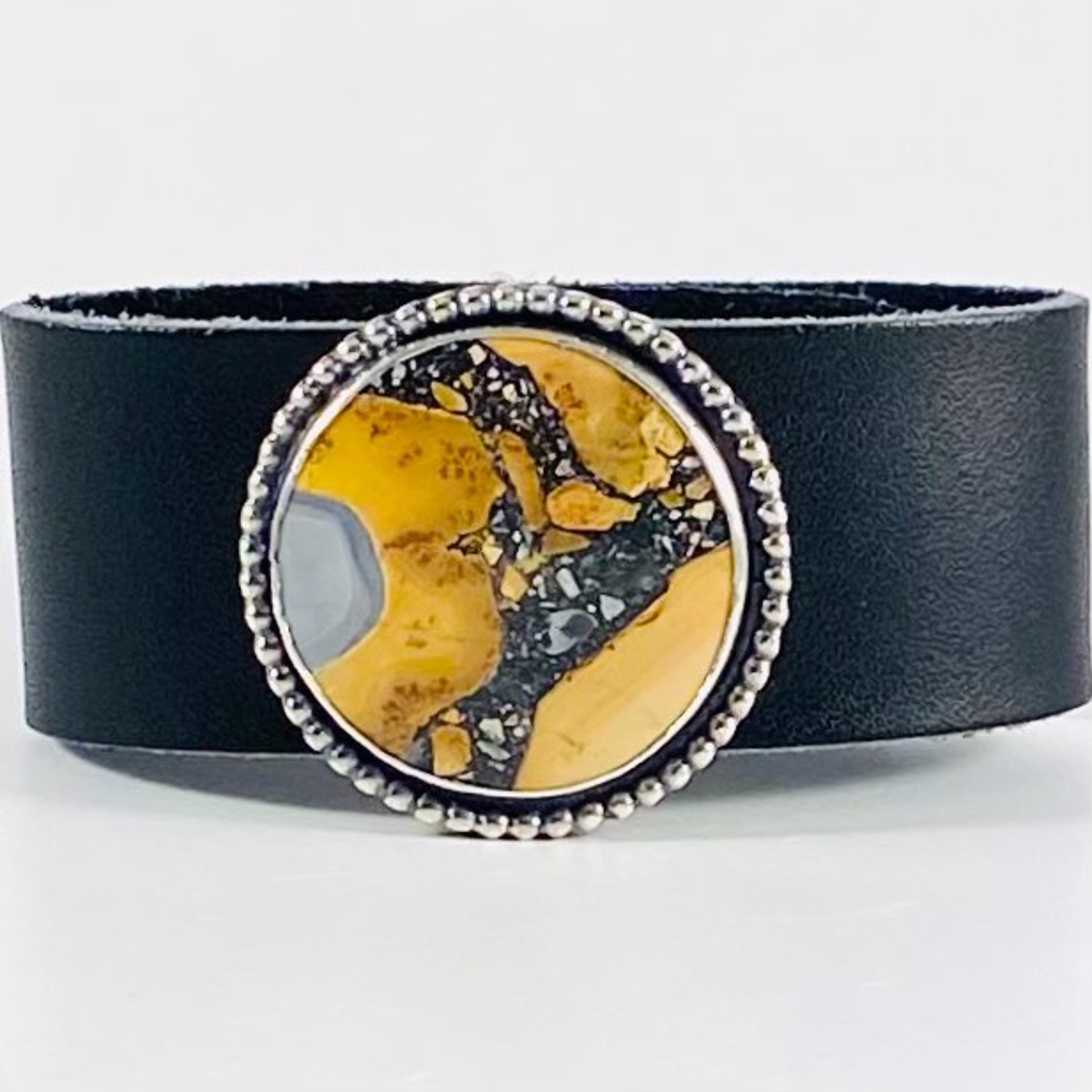 Round Maligano Jasper with Beaded Bezel on Dark Brown Leather Bracelet AB22-62 by Anne Bivens