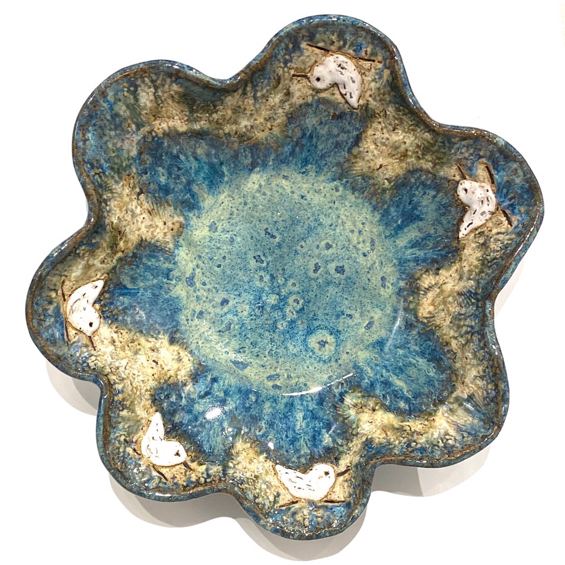 LG23-960 Large Round Scalloped Bowl with Five Sandpipers (Blue Glaze) by Jim & Steffi Logan