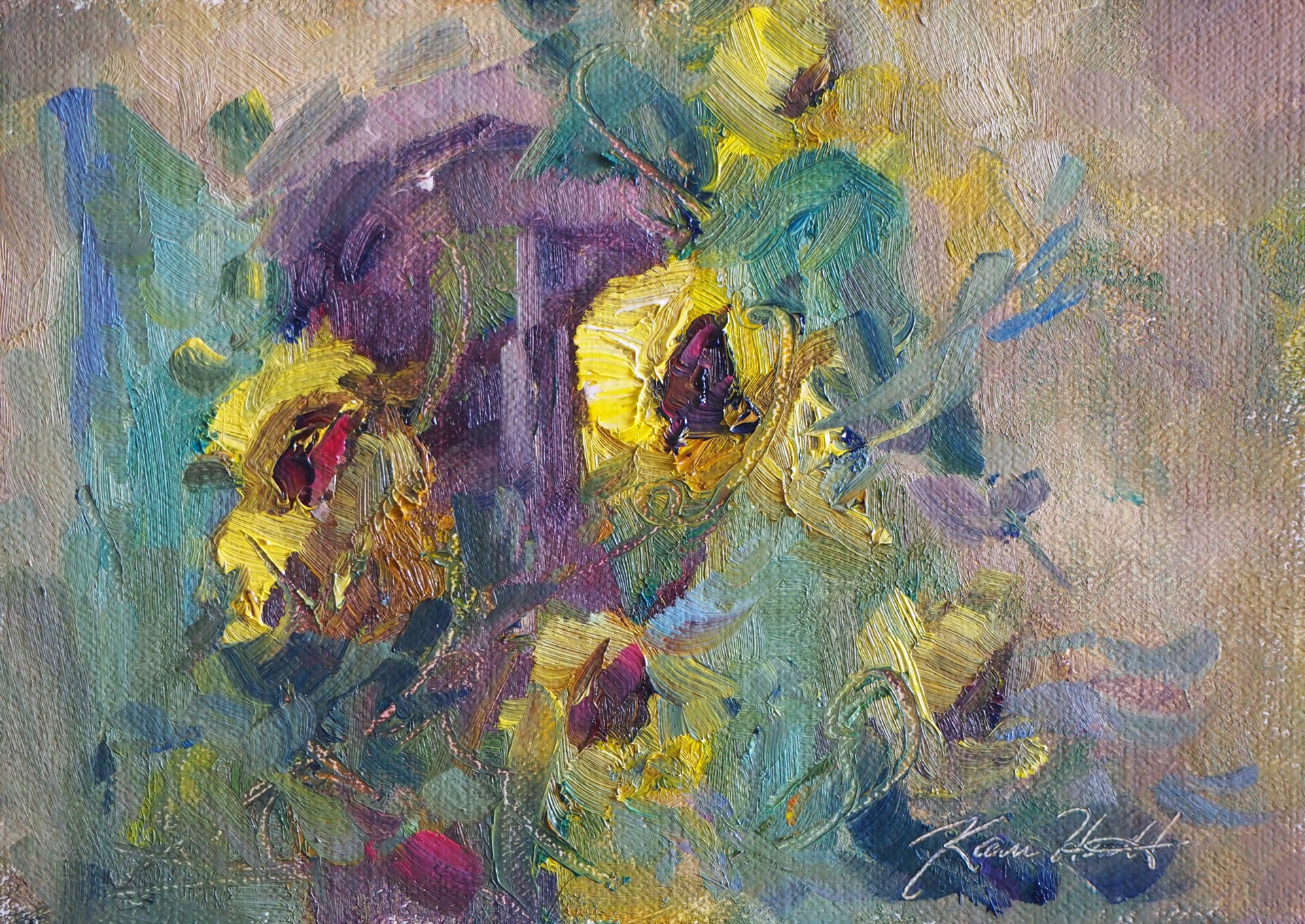 "Sunflowers at my Window in France" Original oil painting by Karen Hewitt Hagan