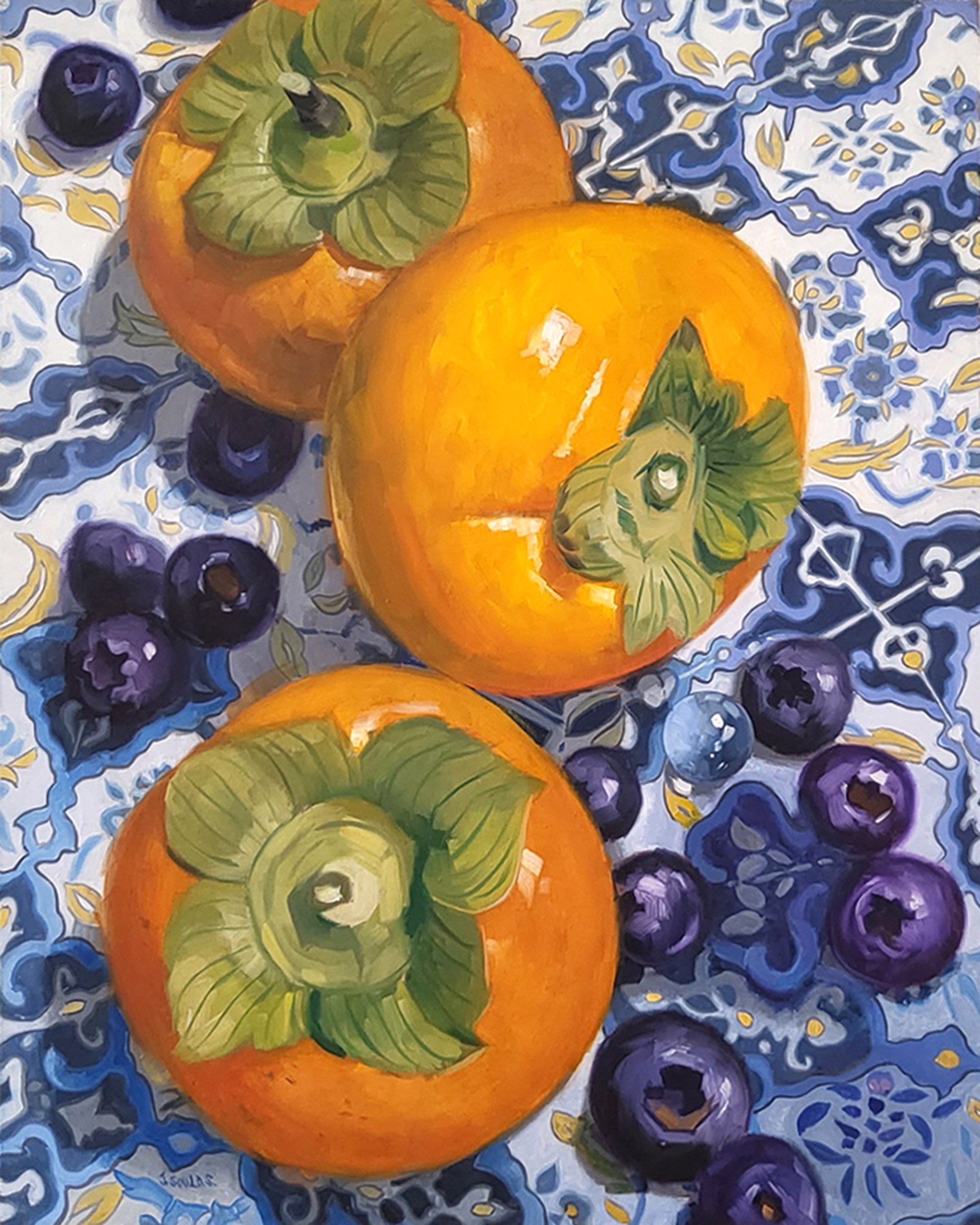Three Persimmons on a Blue Tile by Jacques Soulas
