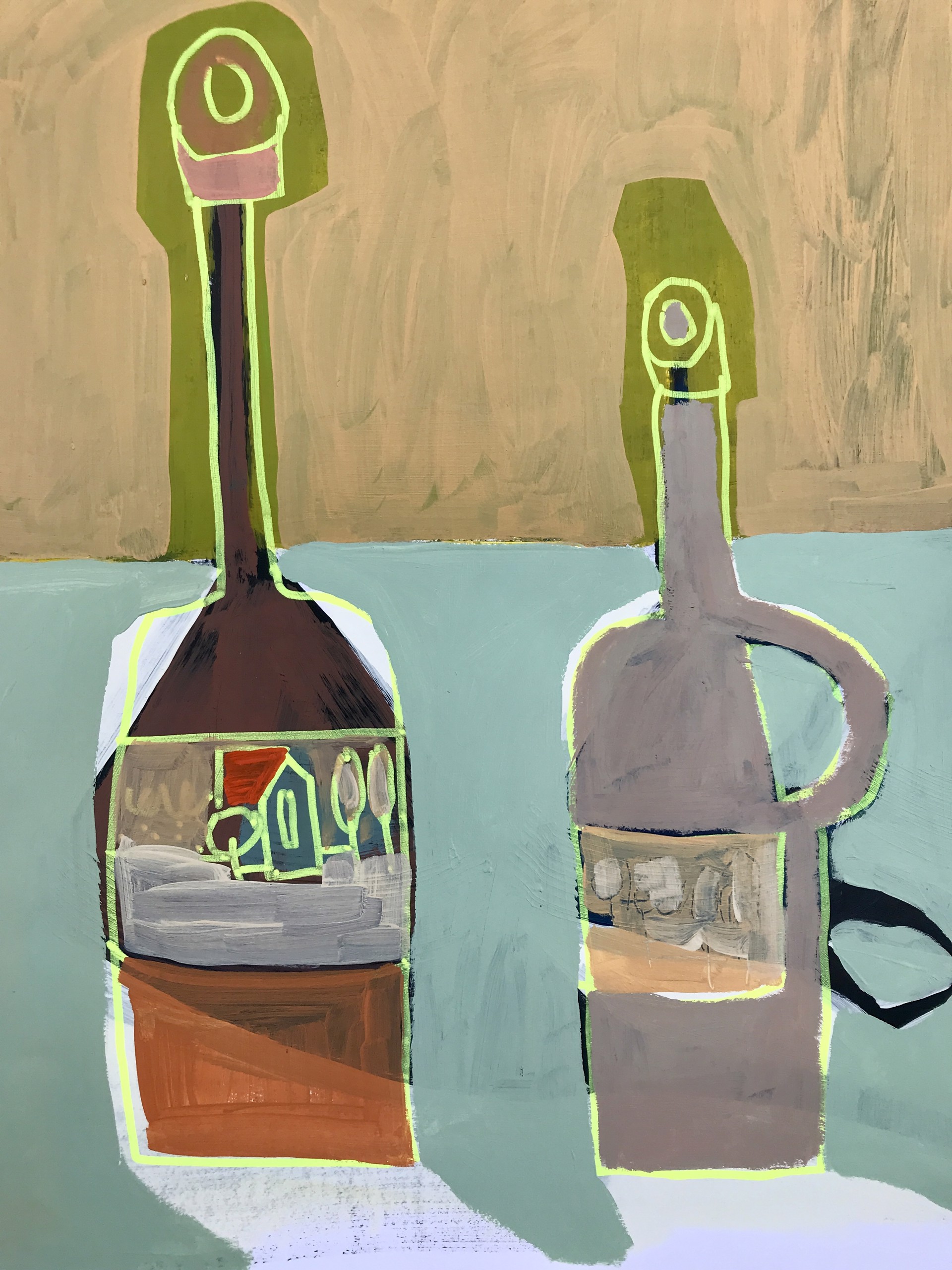 Five Bottles on Seafoam Green by Rachael Van Dyke