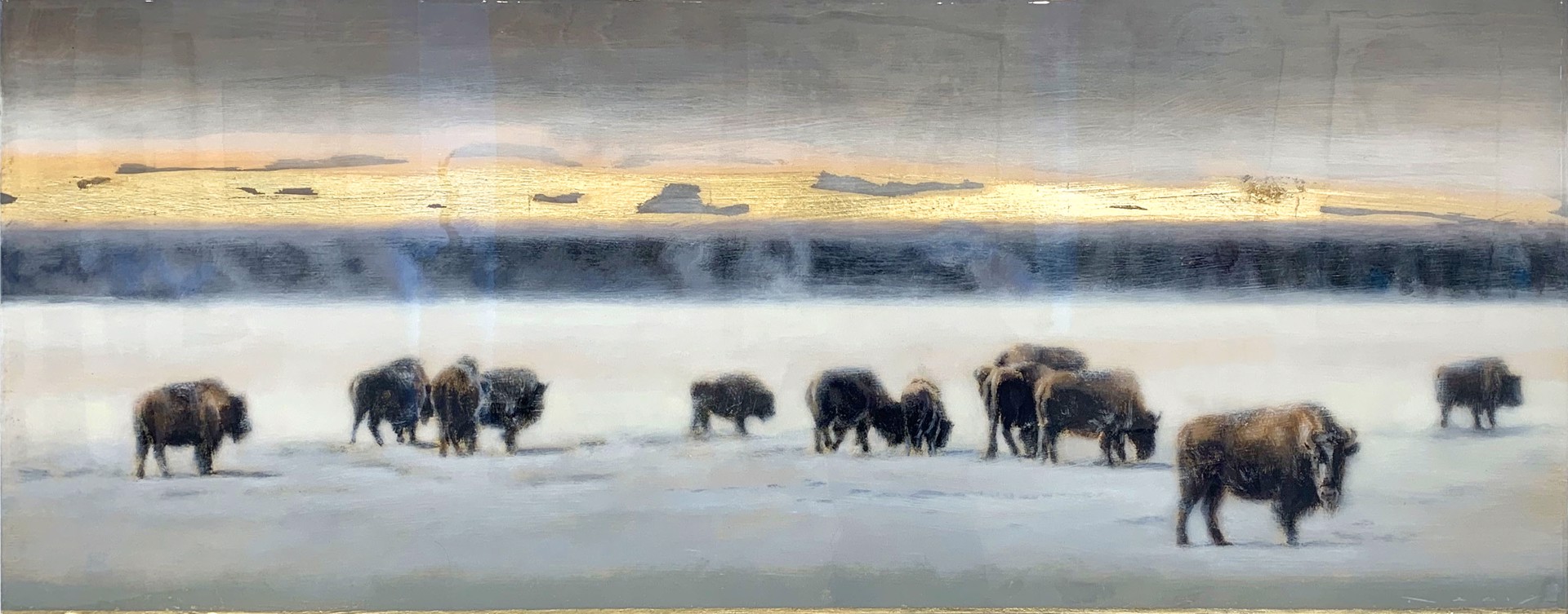 Original Painting Featuring Bison On Snow Covered Landscape With Mountains In The Distance And Gold Leaf Tinted Clouds
