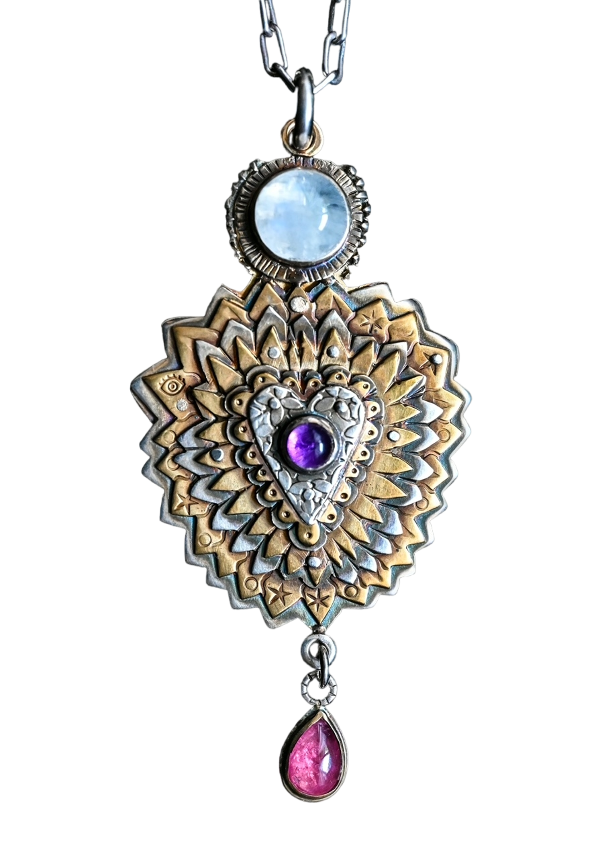 Flaming Heart Pendant with Moonstone, Amethyst, Pink Tourmaline by Tabor Porter