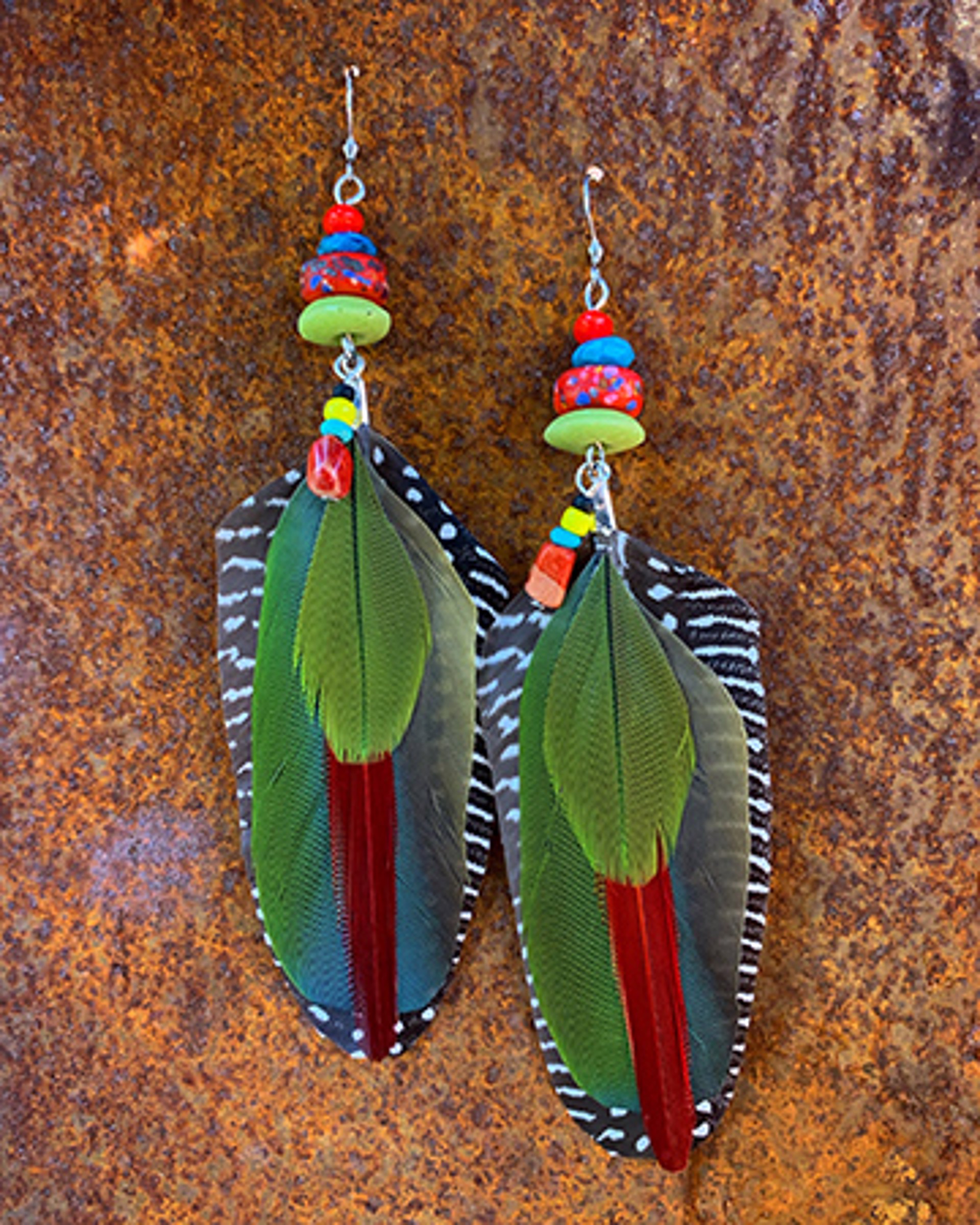 K689 Green and Red Parrot earrings by Kelly Ormsby