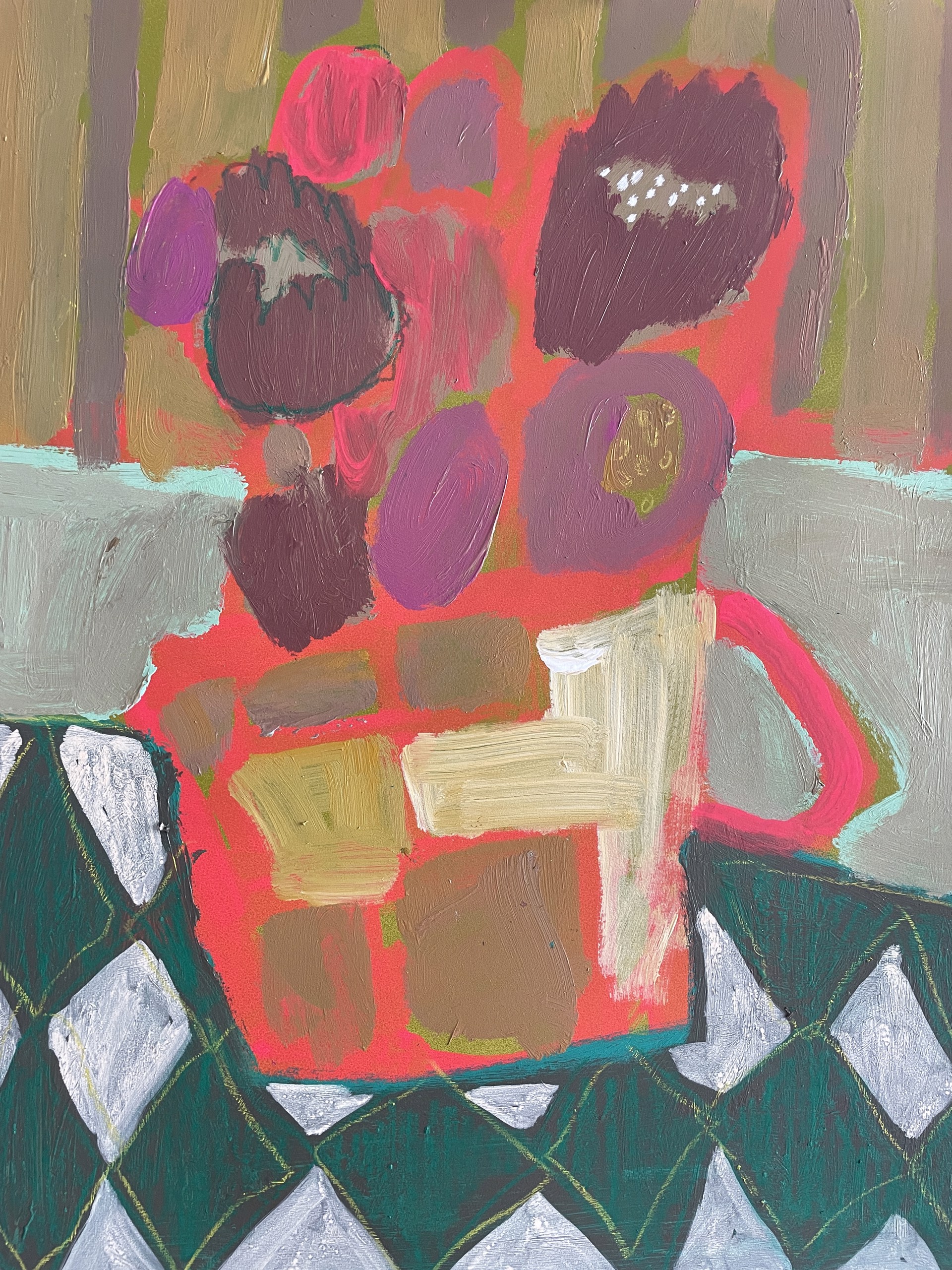 Mauve Flowers in Yellow Pitcher by Rachael Van Dyke