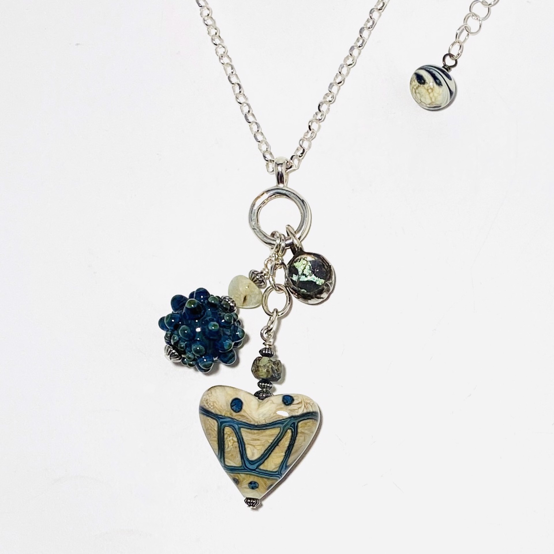 Avario Okamus Heart, Small Butterfly Wing, Dark Blue Dots, Charms Trio on Diamond Cut Sterling Necklace with Charm Holder LS23-13A by Linda Sacra