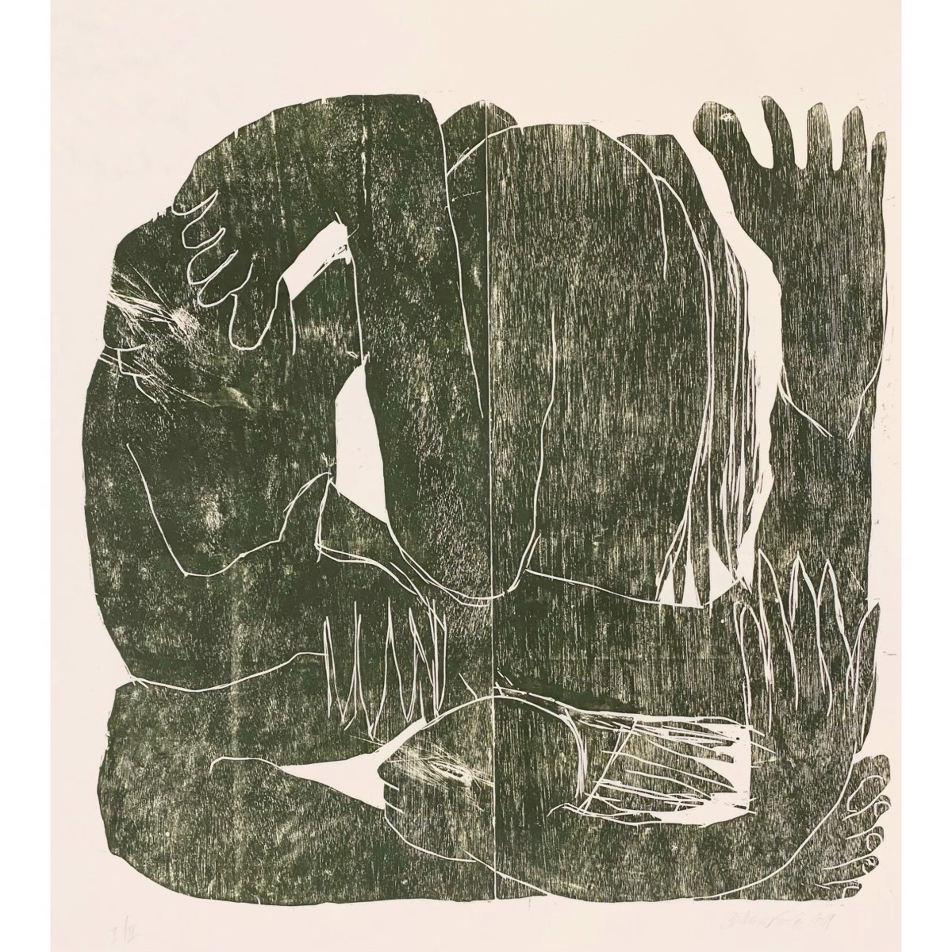 Giant Woodcut Print in Olive by Barbara Kuebel
