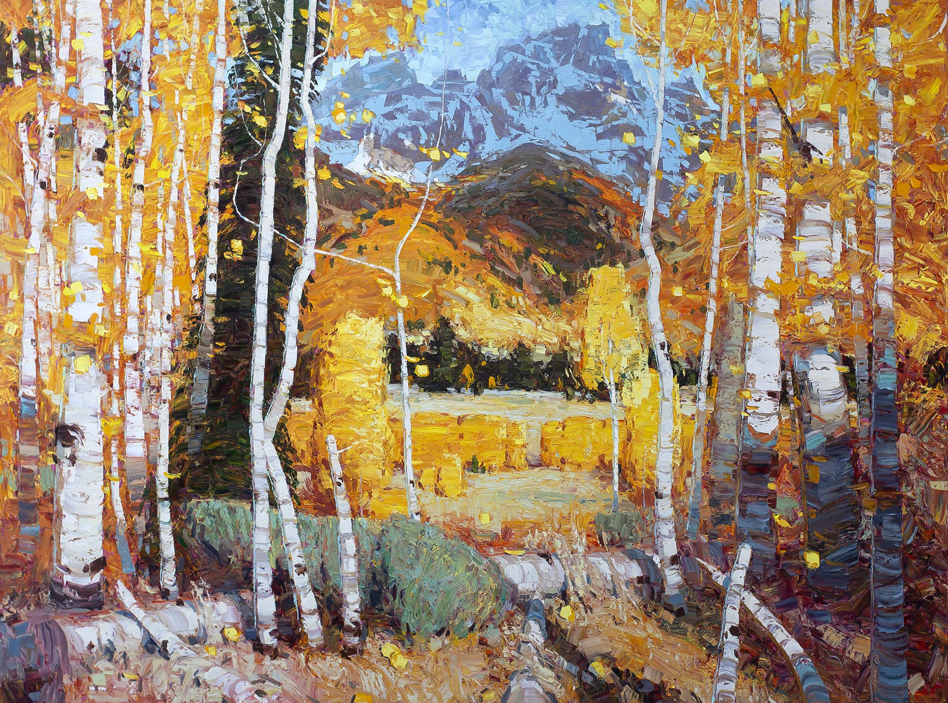 Original Oil Painting By Silas Thompson Featuring Golden Aspen Trees Framing The Teton Mountain Range
