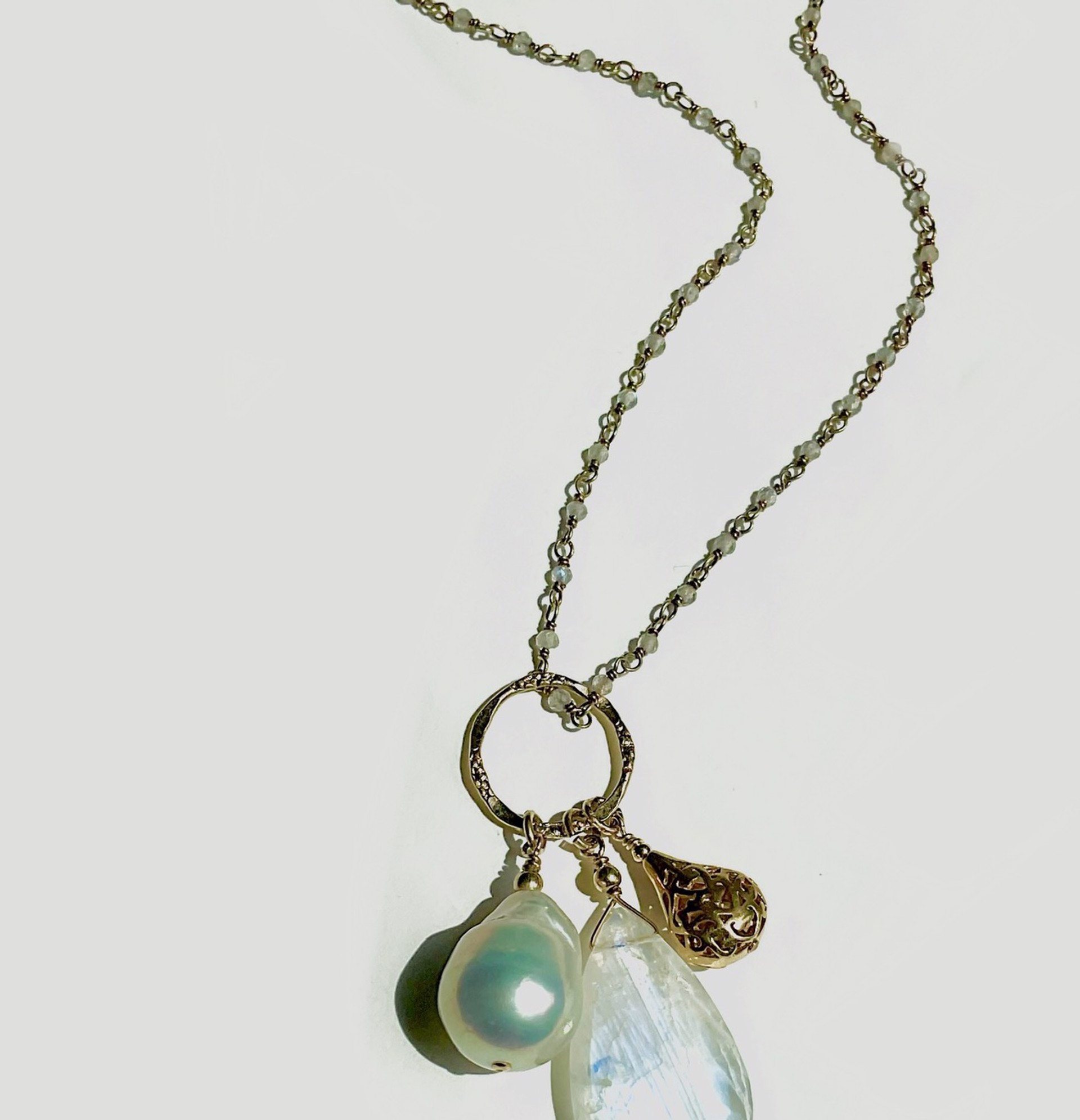 A8523N Triplet wMoonstone, Ivory Baroque Pearl on Moonstone Chain by Melinda Lawton Jewelry
