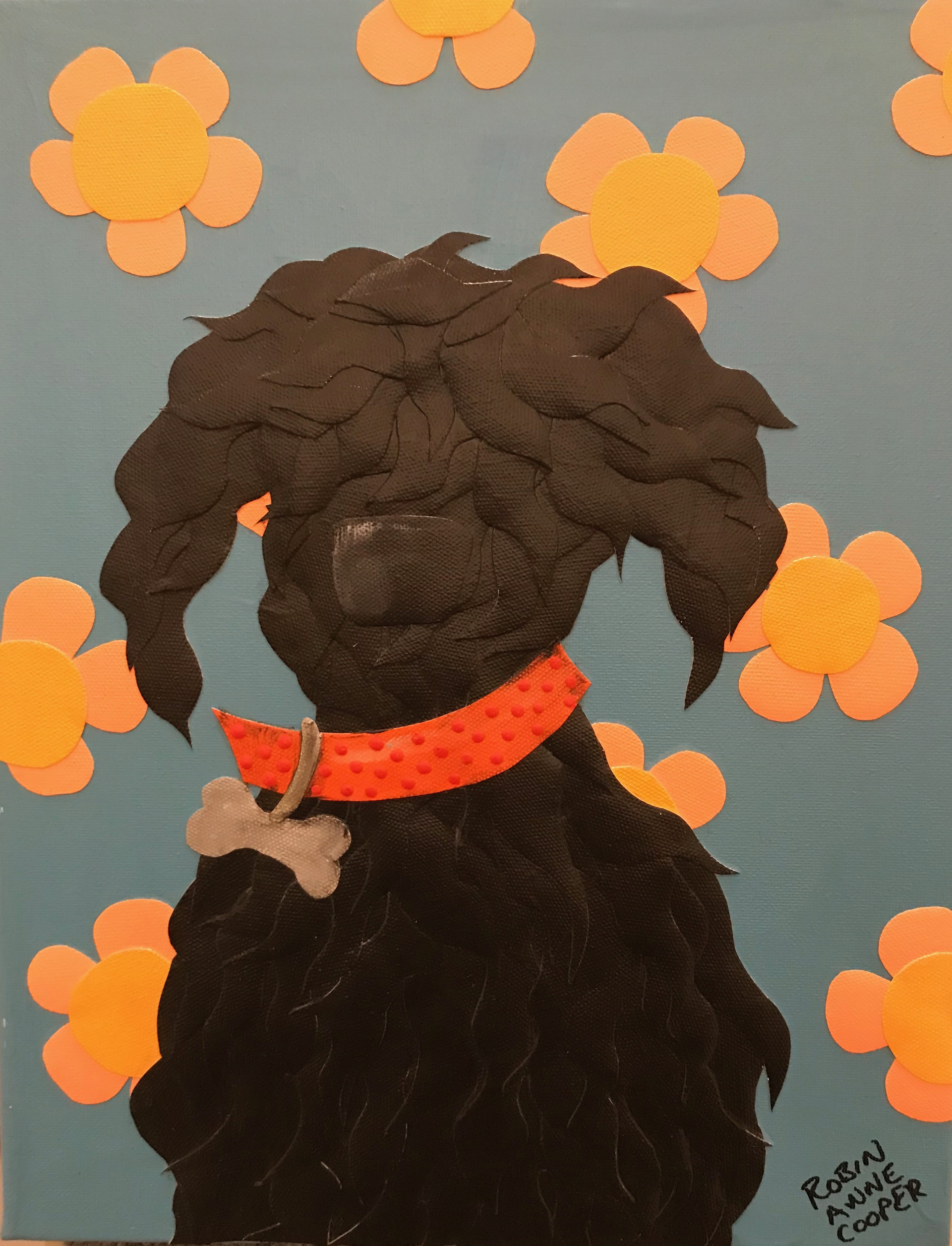 Black Shaggy Dog on Orange Flowers by Robin Cooper