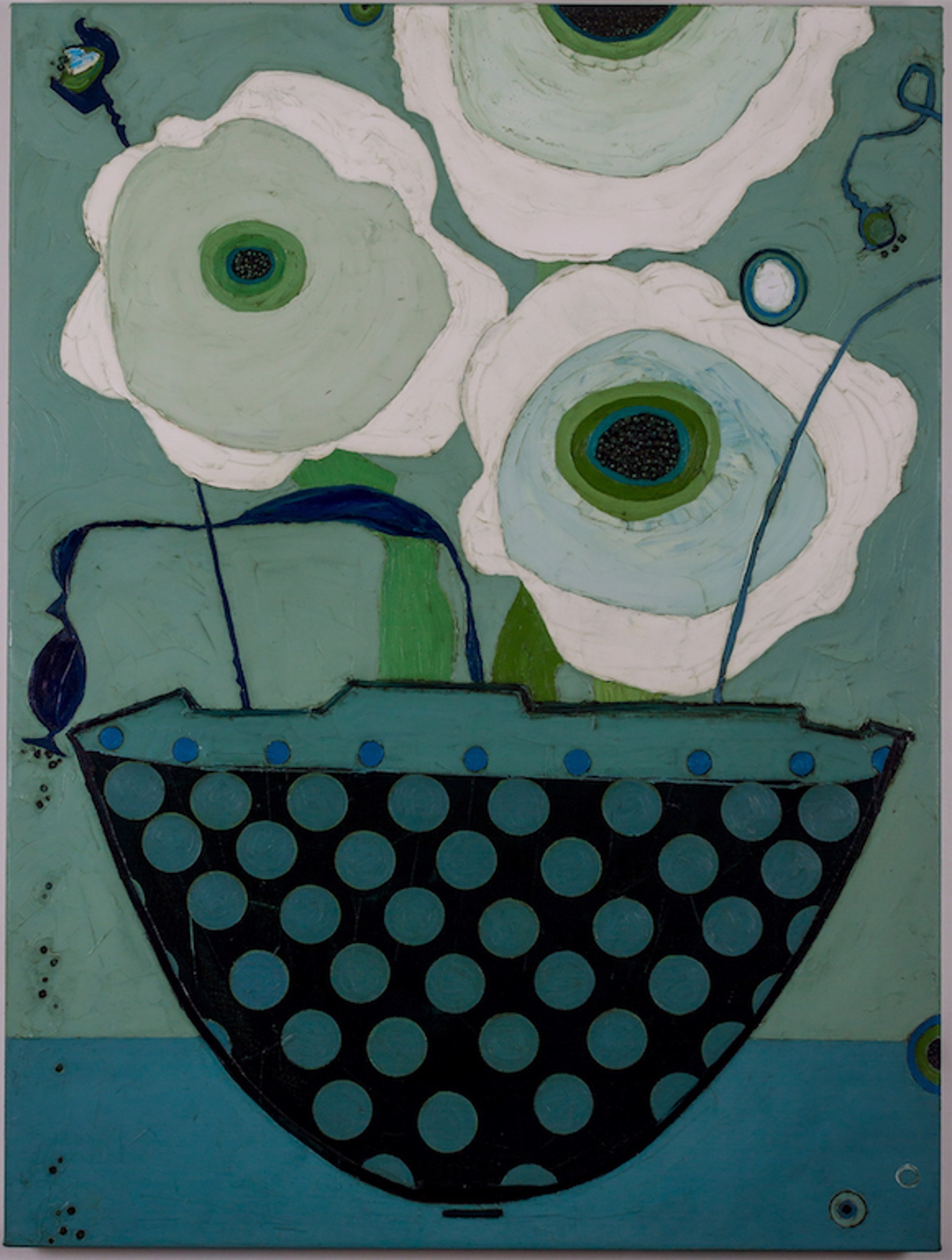 Polka Dot Bowl with White Poppies by Karen Tusinski