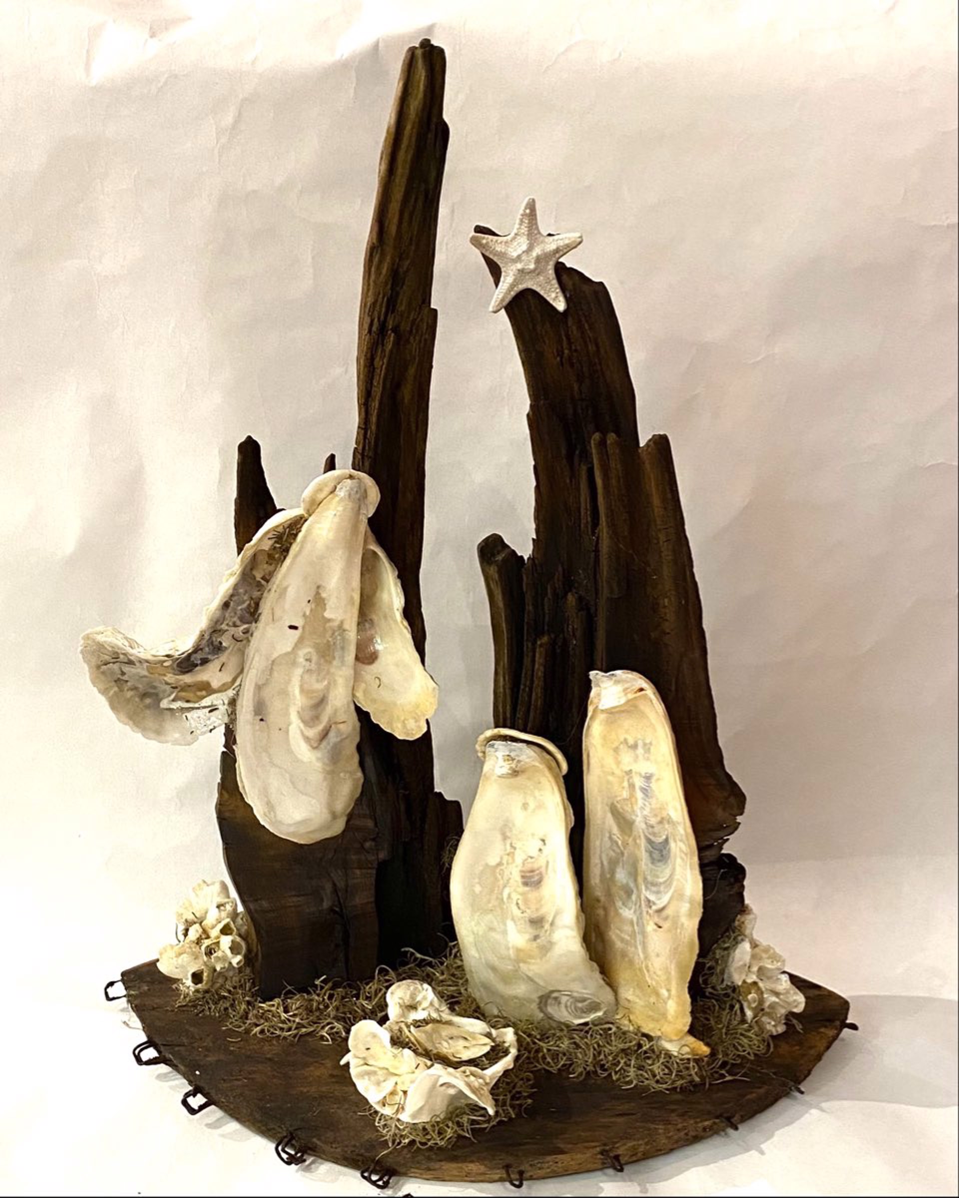 CN22-45  Creche From The Sea -  Driftwood Stable on Vintage Crab Basket Base by Chris Nietert