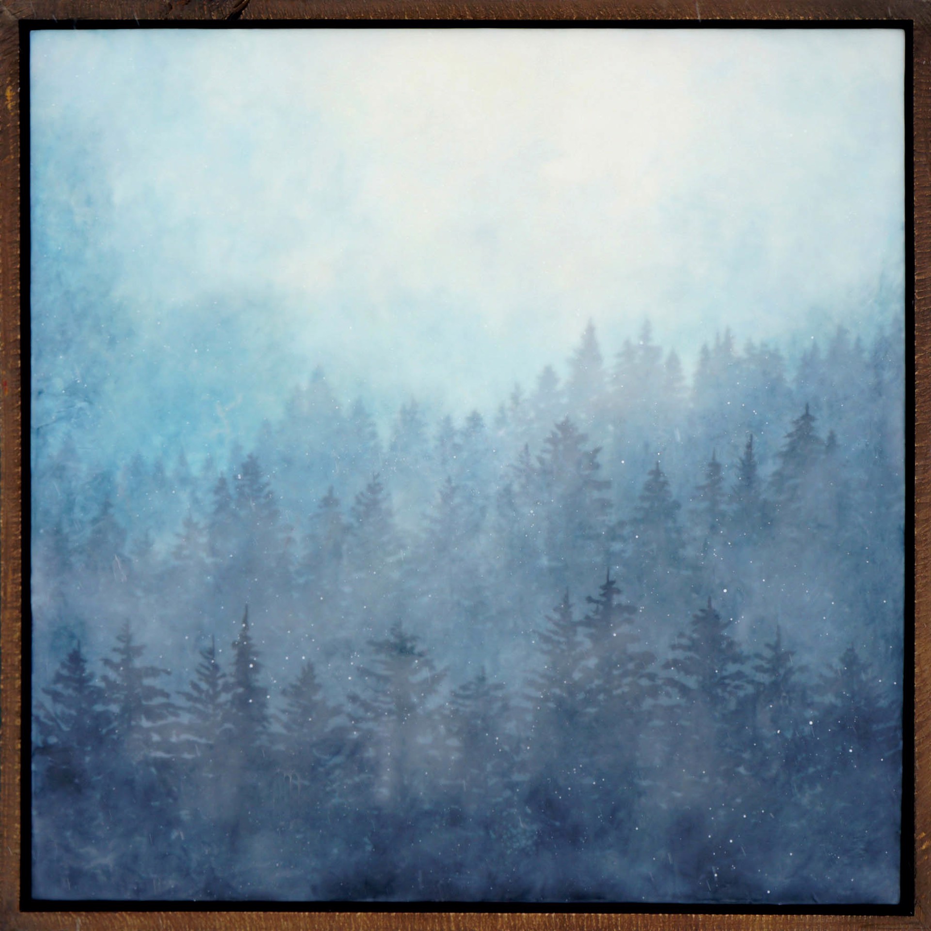 Original Encaustic Landscape Painting Featuring Pine Trees Through Hazy Blue Clouds
