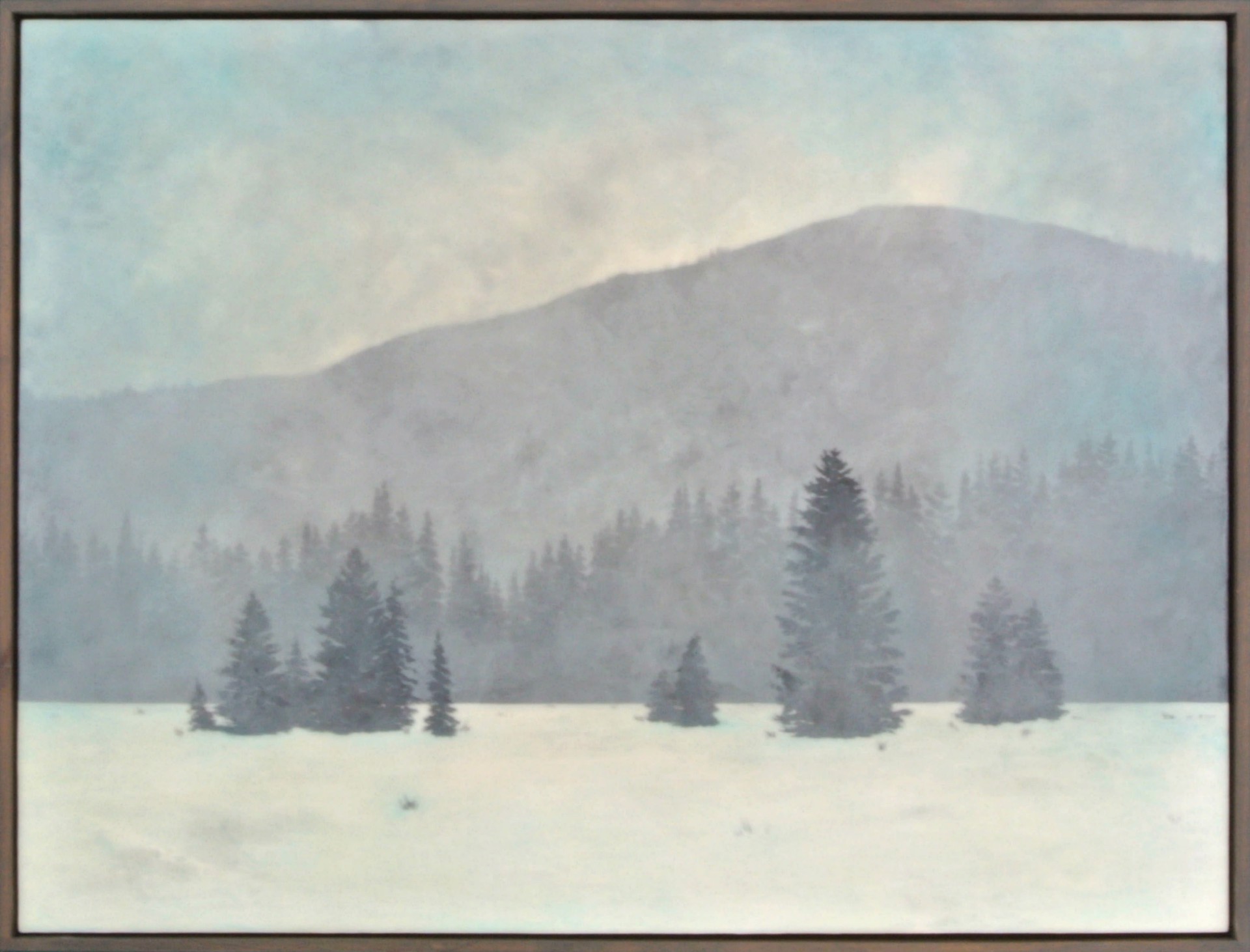 A Soft And Dreamy Winter Landscape Encaustic Painting Featuring Mountains and Pine Trees By Bridgette Meinhold Available at Gallery Wild