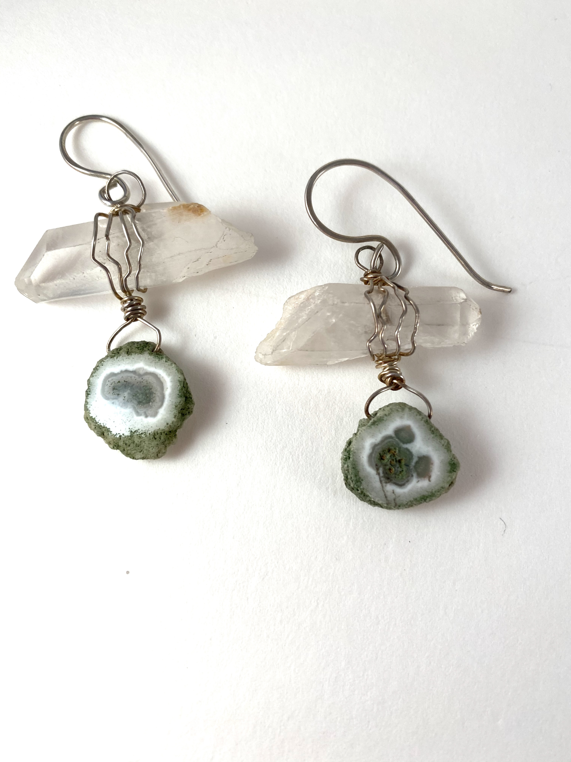 Crystal and Stalgtite Slice Sterling Earrings by Anne Bivens