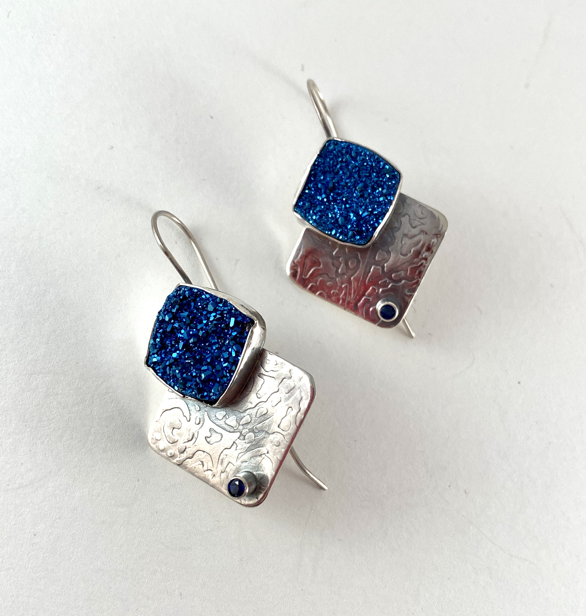 Hand Textured Silver, Titanium Druzy Earrings with synthetic sapphire accent, #120 by Anne Bivens