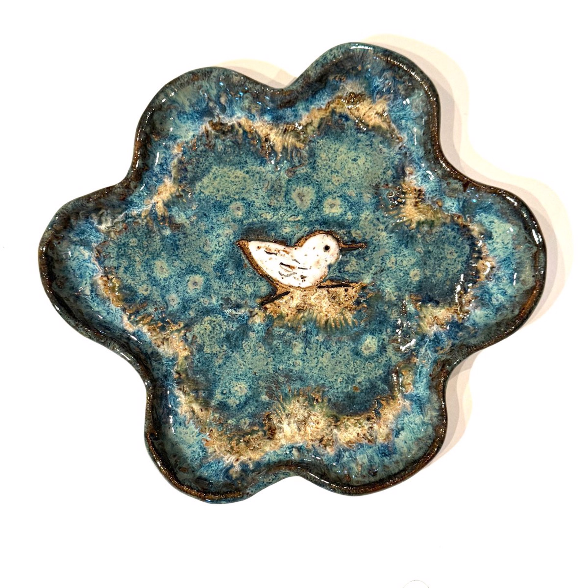 Small Plate with One Sandpiper (Blue Glaze) LG23-1174 by Jim & Steffi Logan