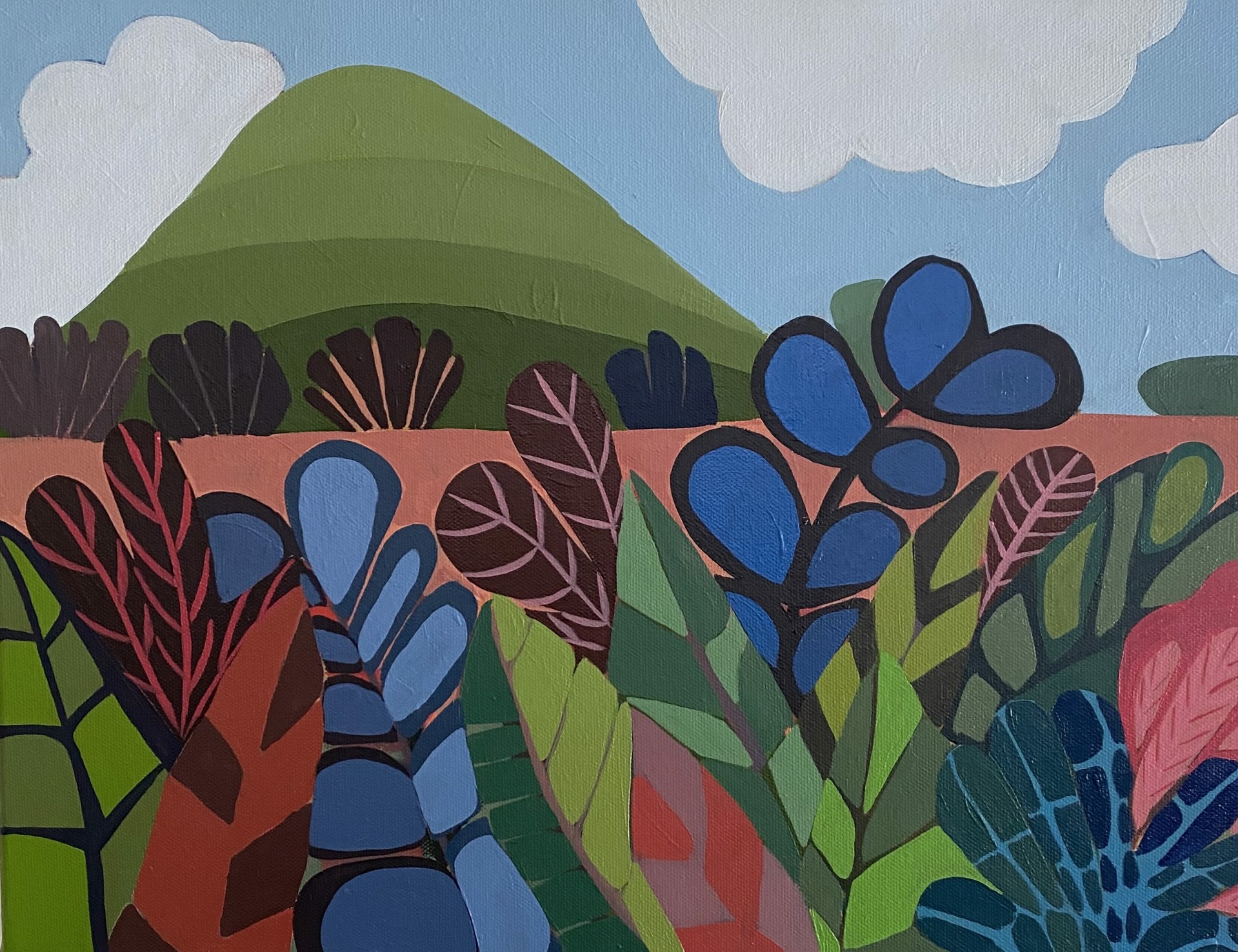 Green Hill with Leaves and Blooming Blue Plants by Sage Tucker-Ketcham