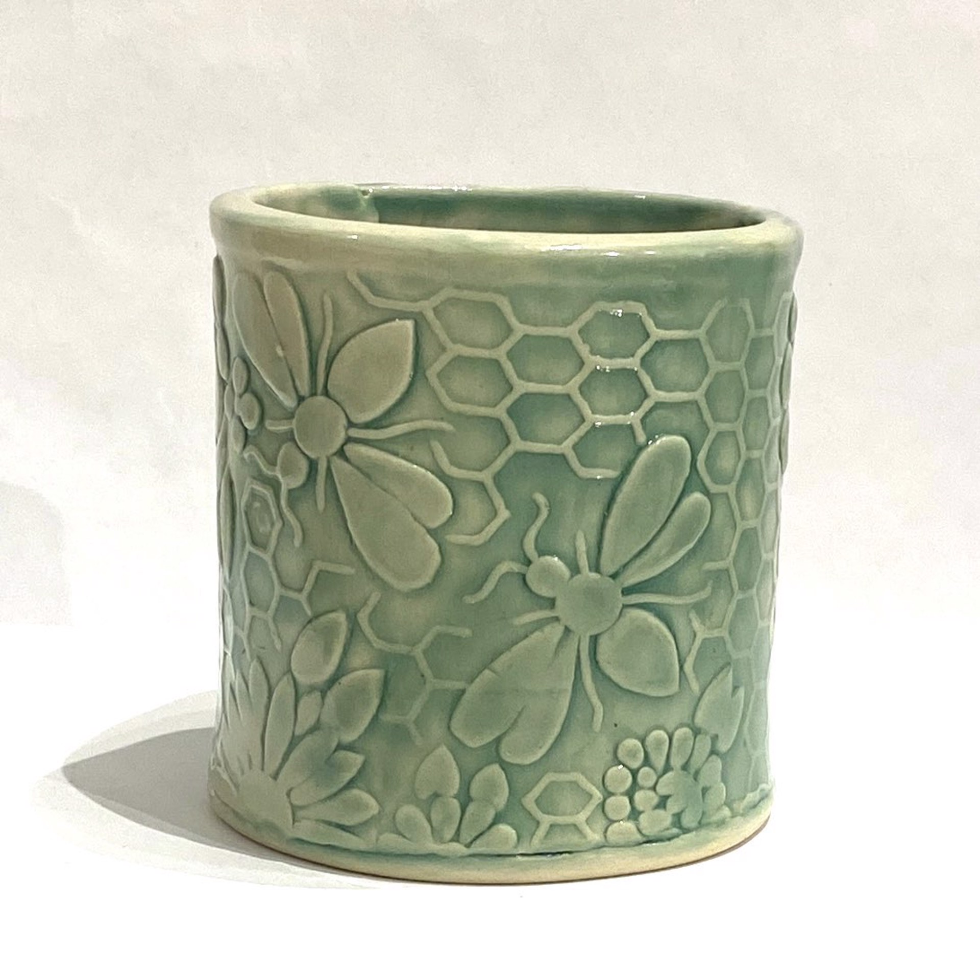 Tall Green Embossed Beehive Cup by Barbara Bergwerf, Ceramics