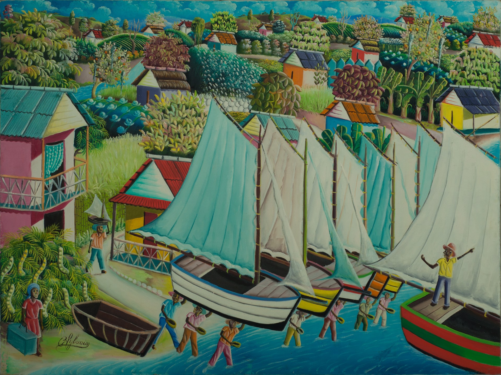 Village & Port #58-3-96GSN by Bien-Aime Sylvain (Haitian, b. 1936)