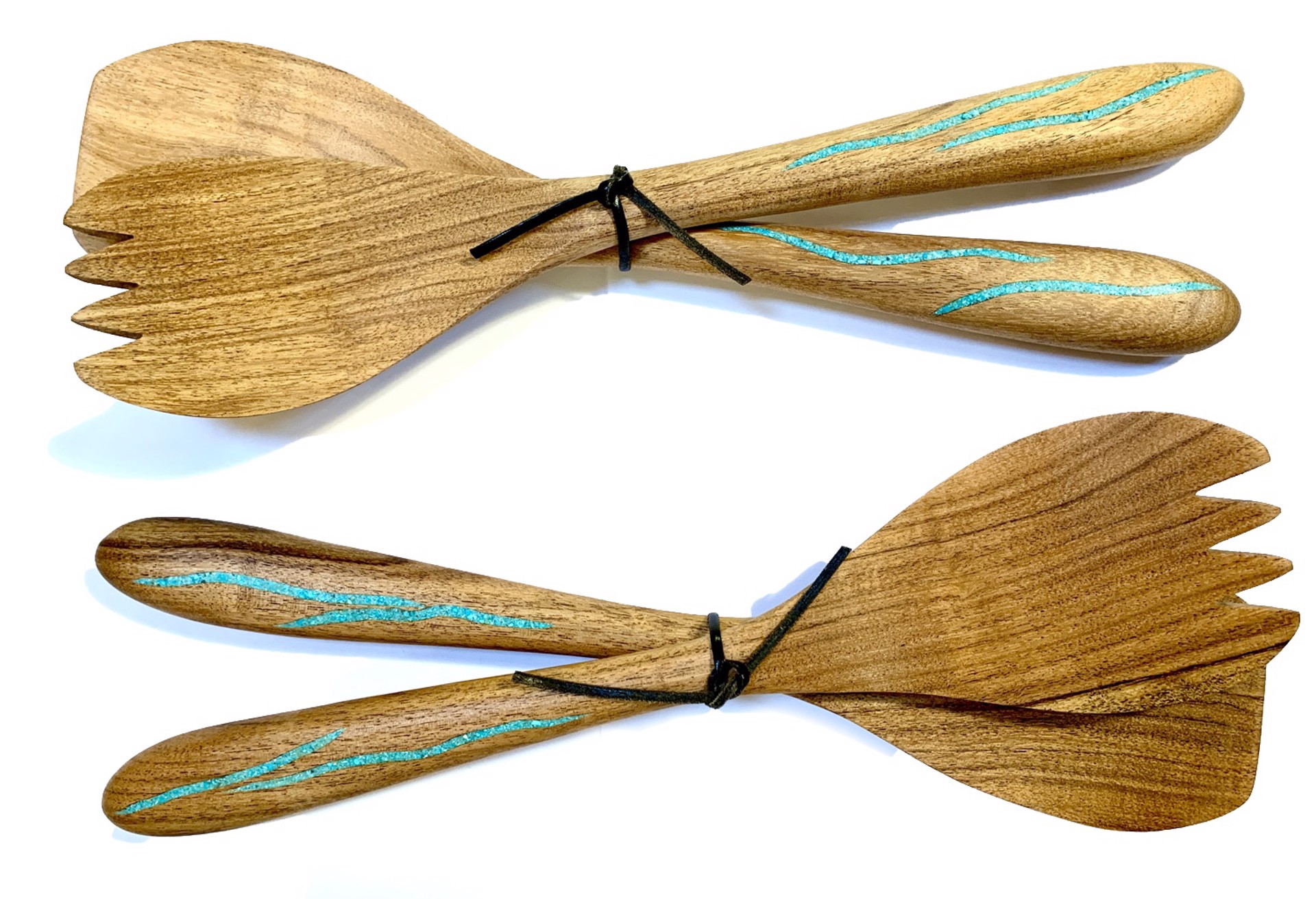 Utensils - Large Salad Forks - Mesquite with Turquoise Inlay by TreeStump Woodcraft