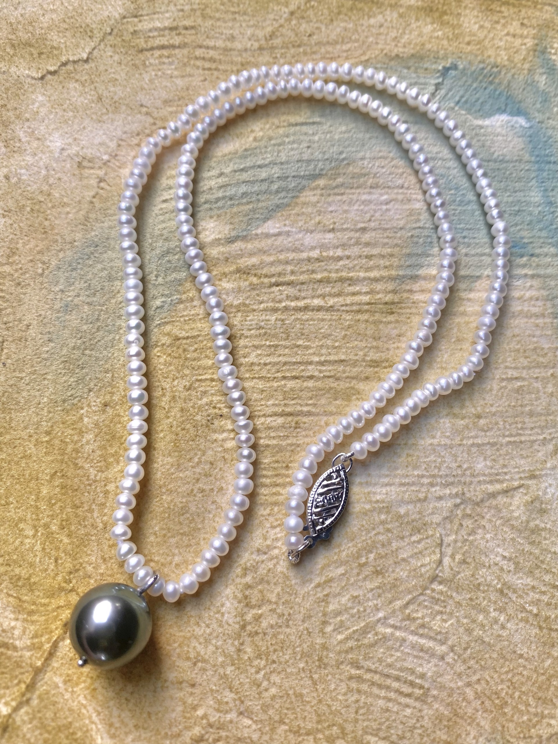 Fresh Water Pearl Button Necklace w Tahitian Round Pendant 10mm by Sidney Soriano