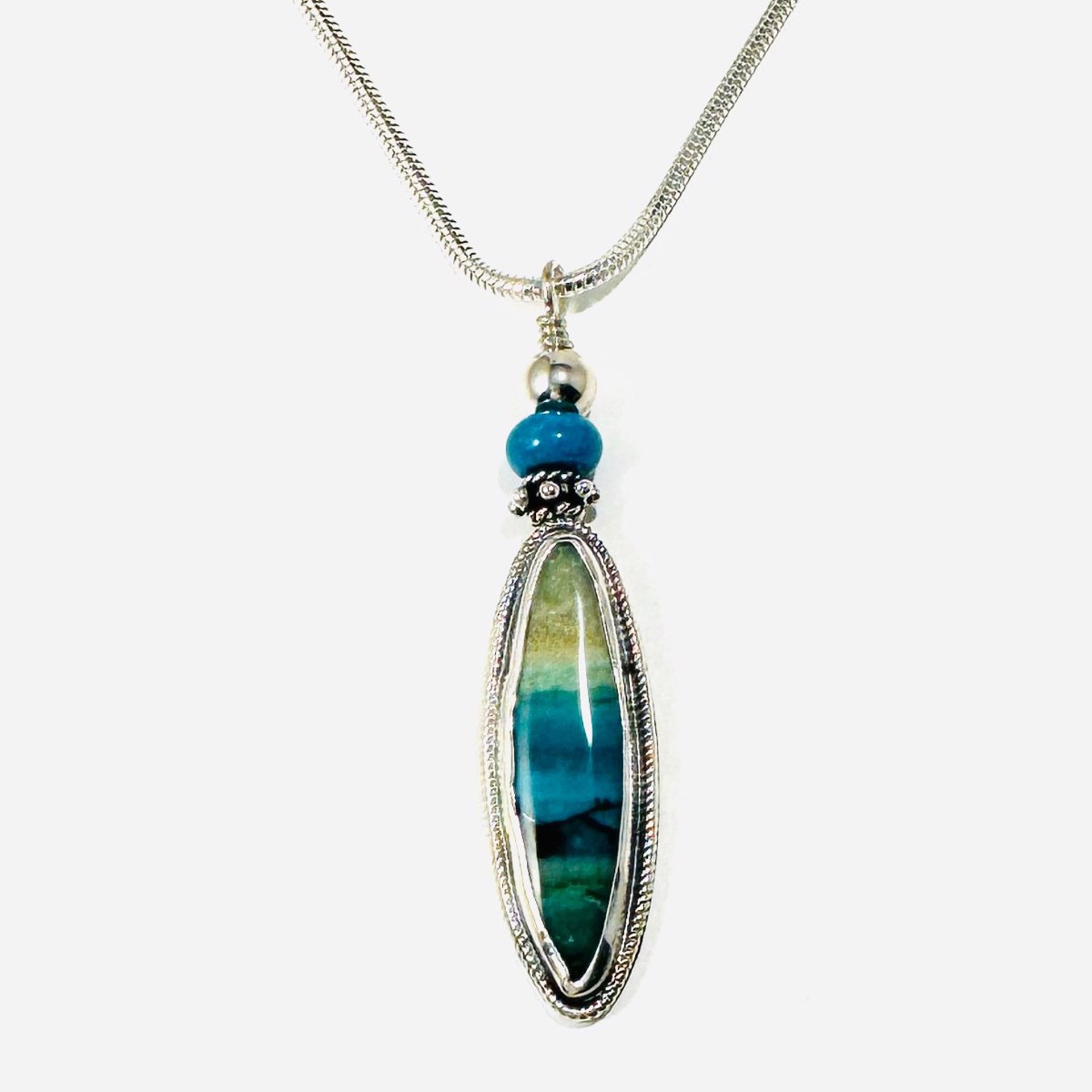 Opalized Petrified Wood Pendant, Turquoise Bead on 18"snake chain AB23-116 by Anne Bivens