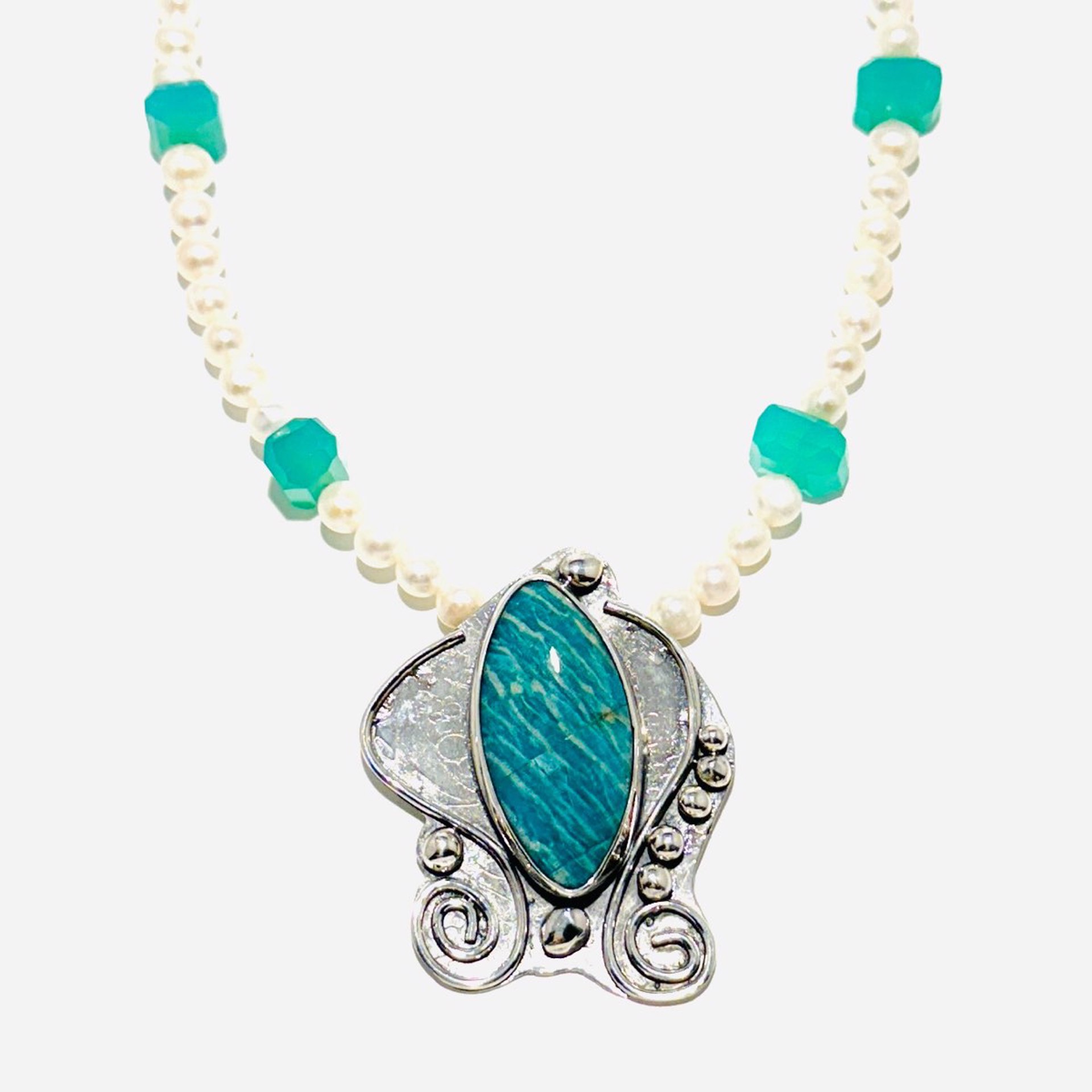 Oval Russian Amazonite on Large Sterling Focal, Pearl, Chrysoprase Necklace AB23-125 by Anne Bivens
