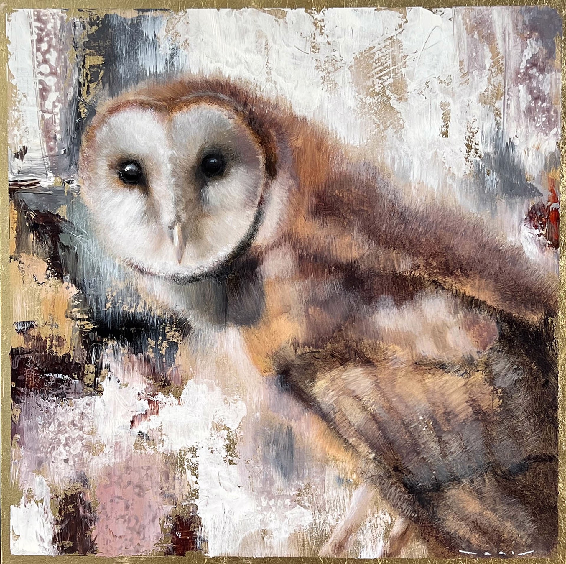 Original Acrylic Painting By Nealy Riley Featuring A Barn Owl Over Abstract Tonal Background With Gold Leaf Details