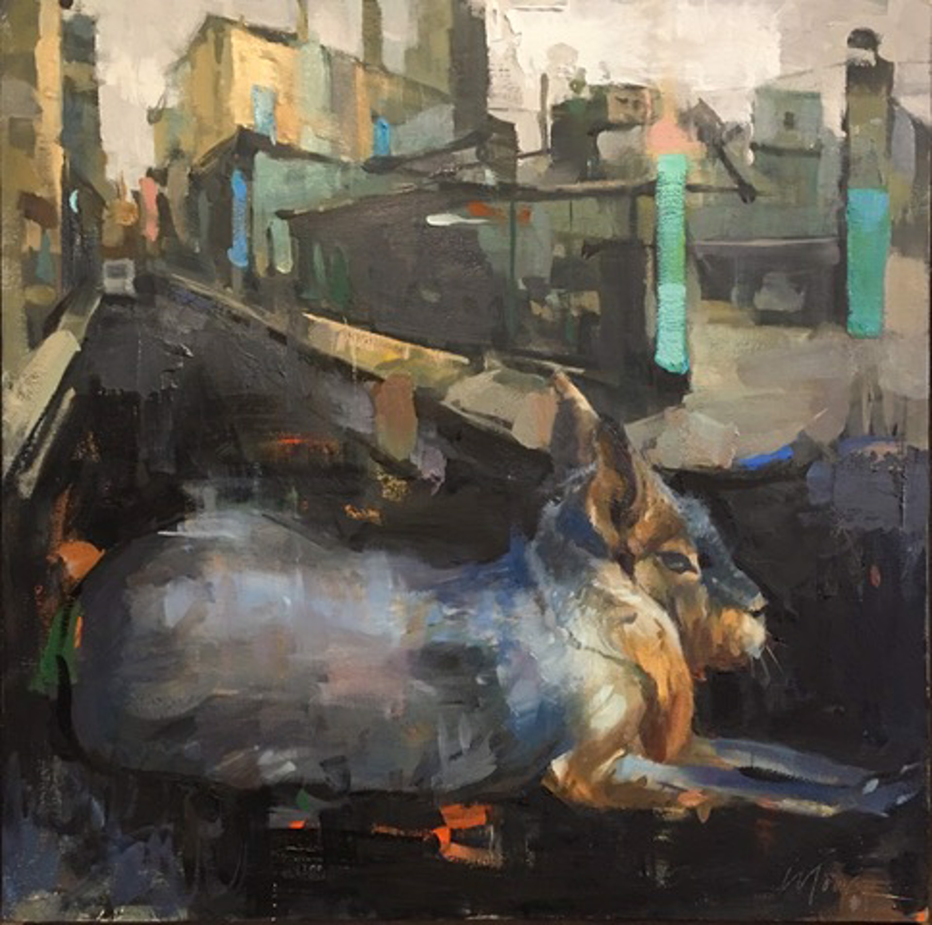 Oil Painting Of A Patagonian Cavy Similar To Rabbit Laying In Abandon City Street, Unique Perspective, Urban Wildlife, Available at Gallery Wild  