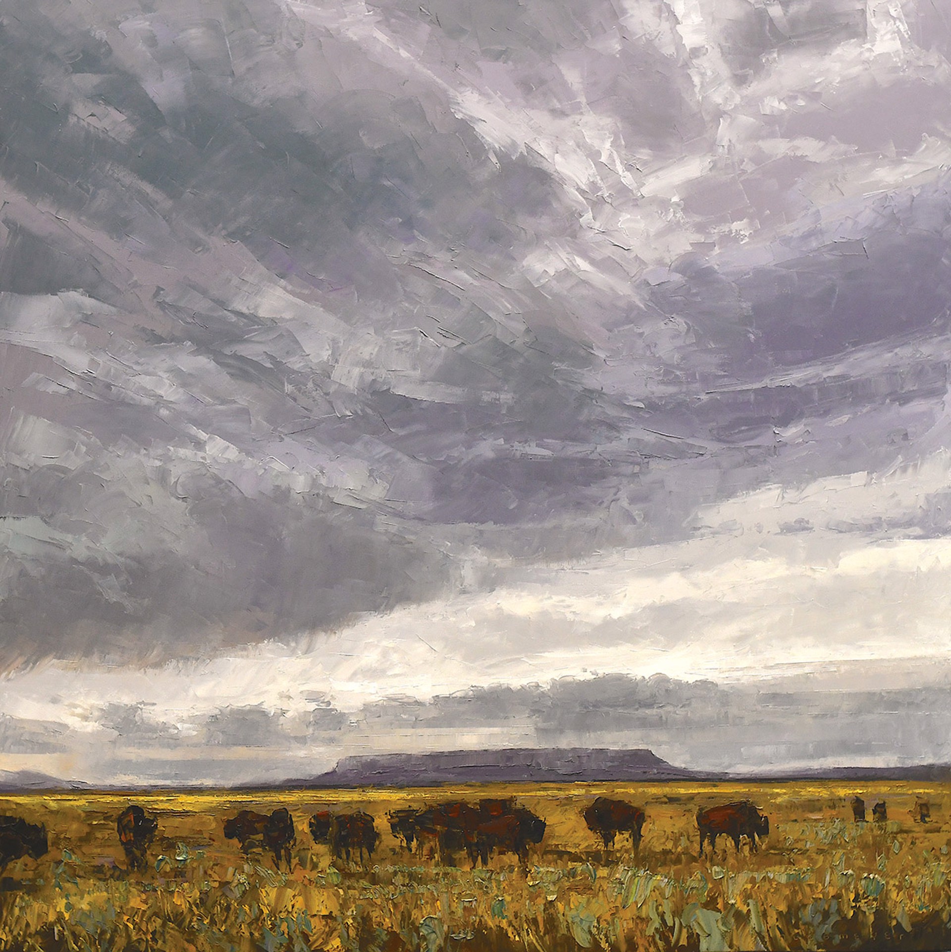 Original Oil Landscape Painting By Caleb Meyer Featuring A Storm Plain With Gray Storm Clouds And Bison 