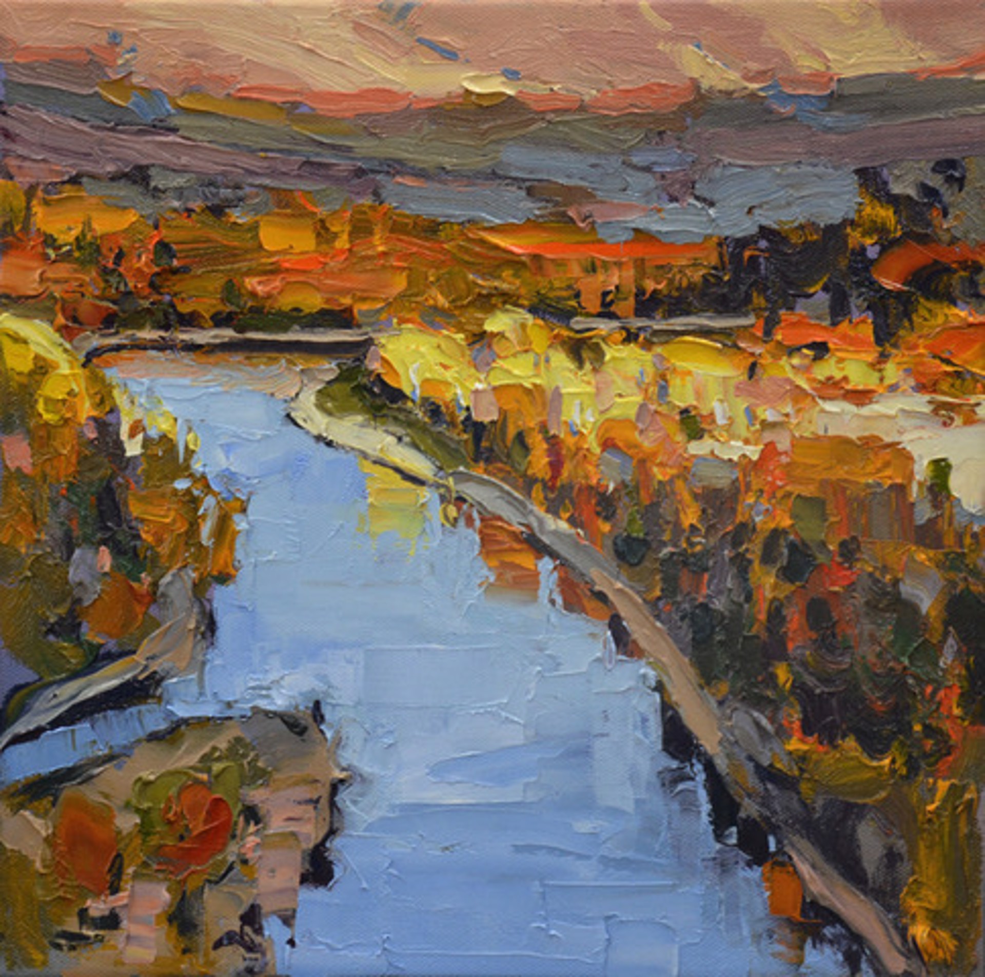 Original Oil Painting Of A High Perspective Looking Over A River Winding Through Fall Colored Trees, By Silas Thompson 