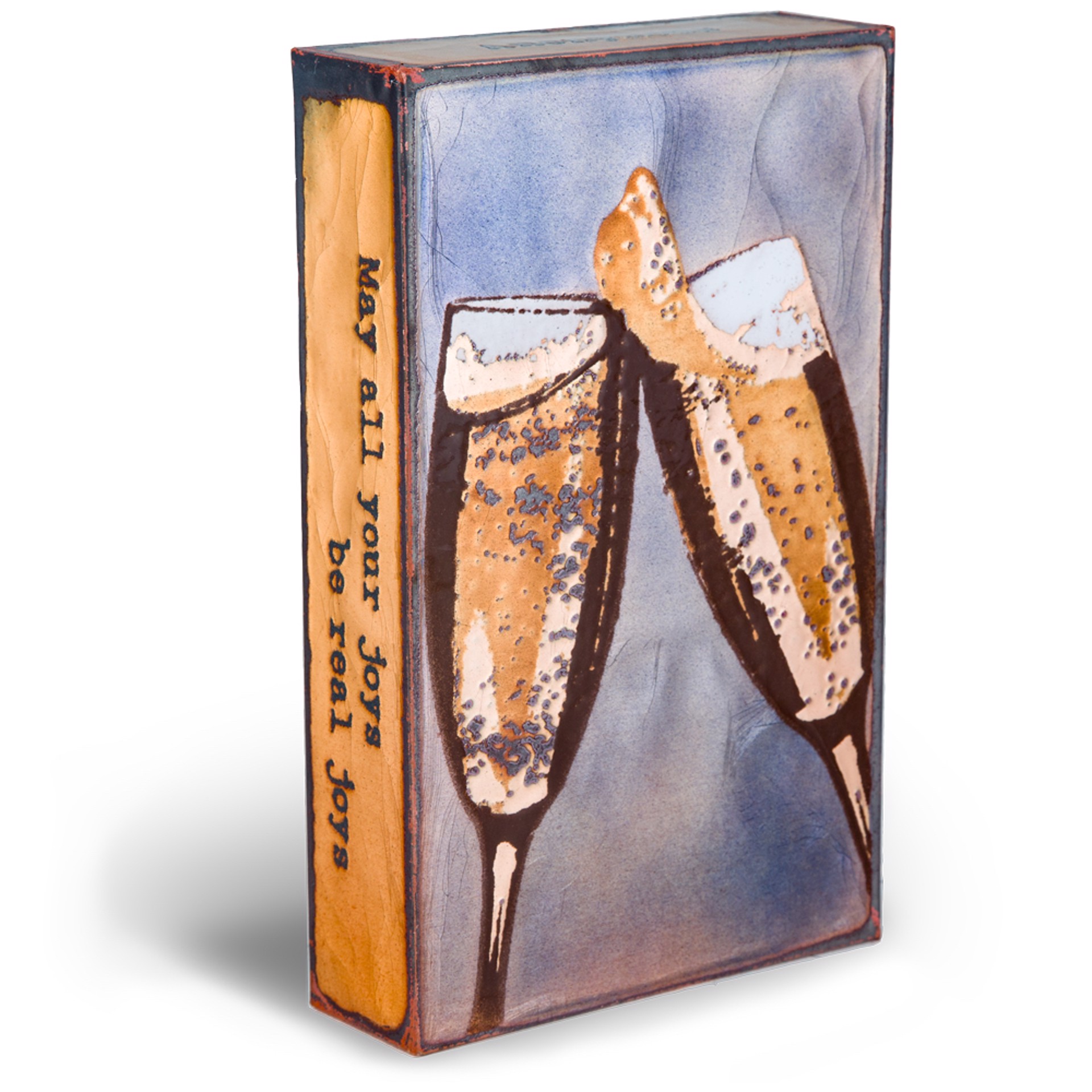 A Houston Llew Glass Fired To Copper Spiritile #48 Featuring Two Champagne Glasses And A Quote By Anonymous, Available At Gallery Wild