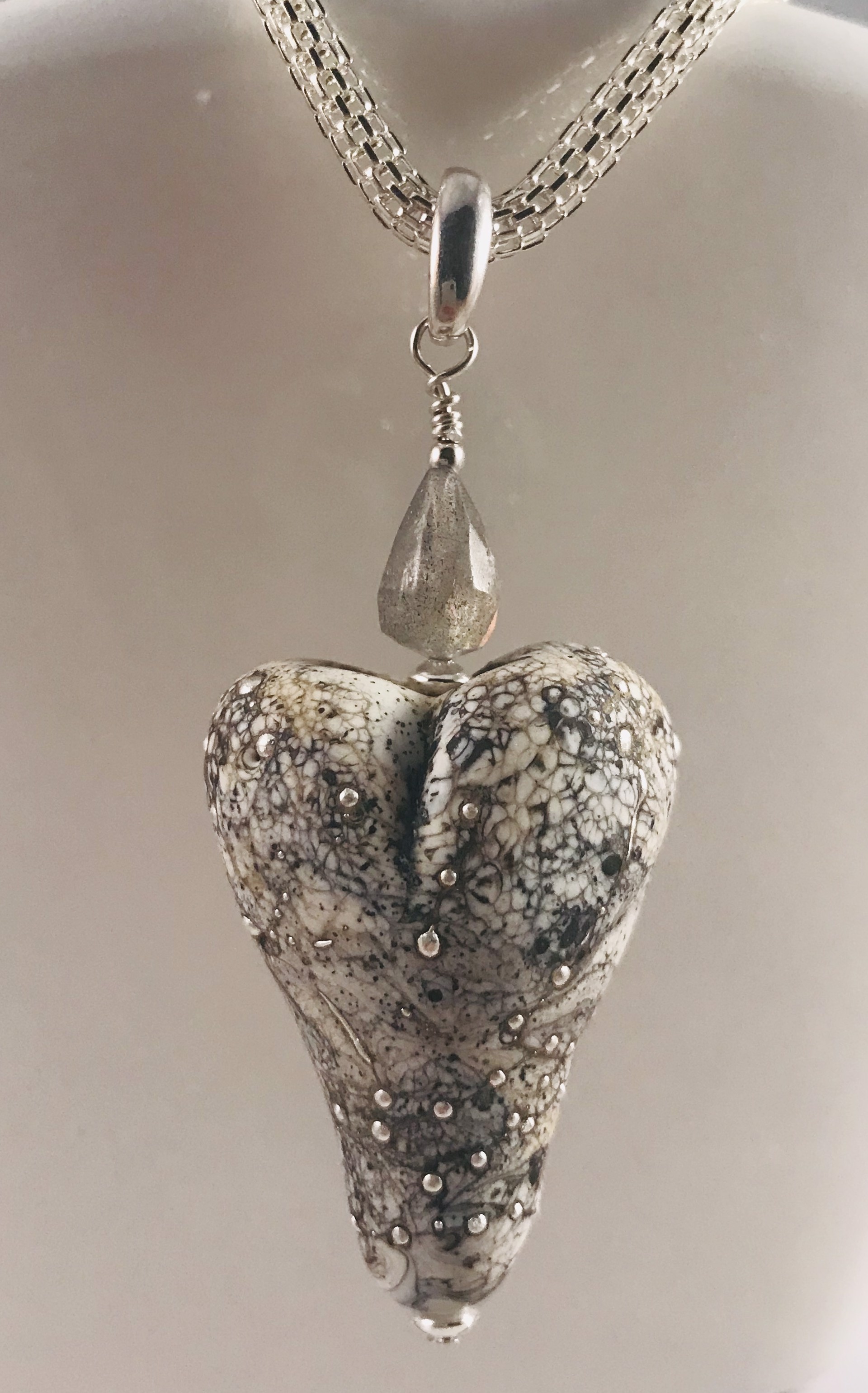 Glass "stone" Heart with fine silver and labradorite by Linda Sacra