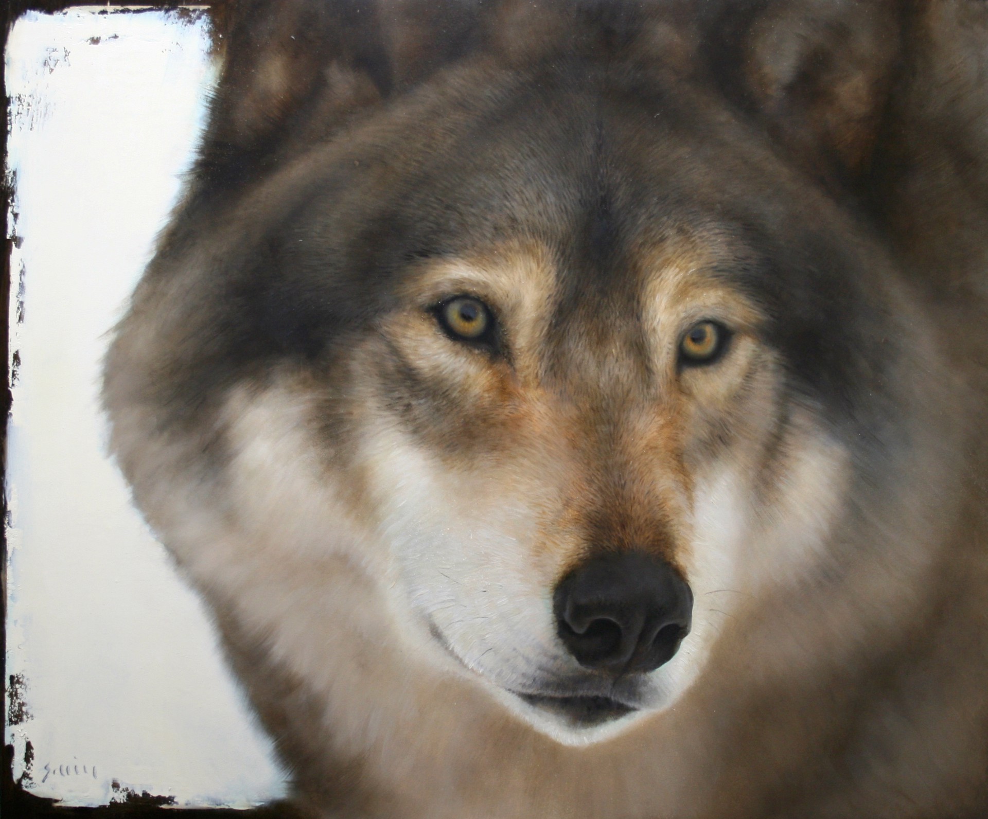 Original Oil Painting By George Hill Of A Wolf With White Background
