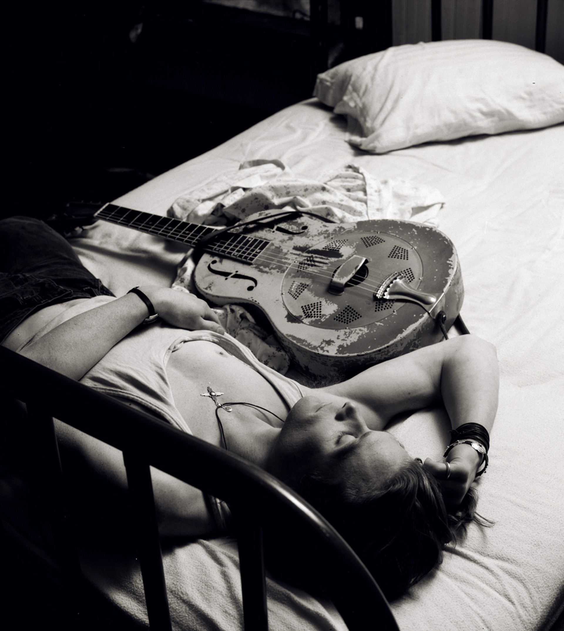 91026 Chris Whitley Bed with Guitar 01 Crop 2 BW by Timothy White