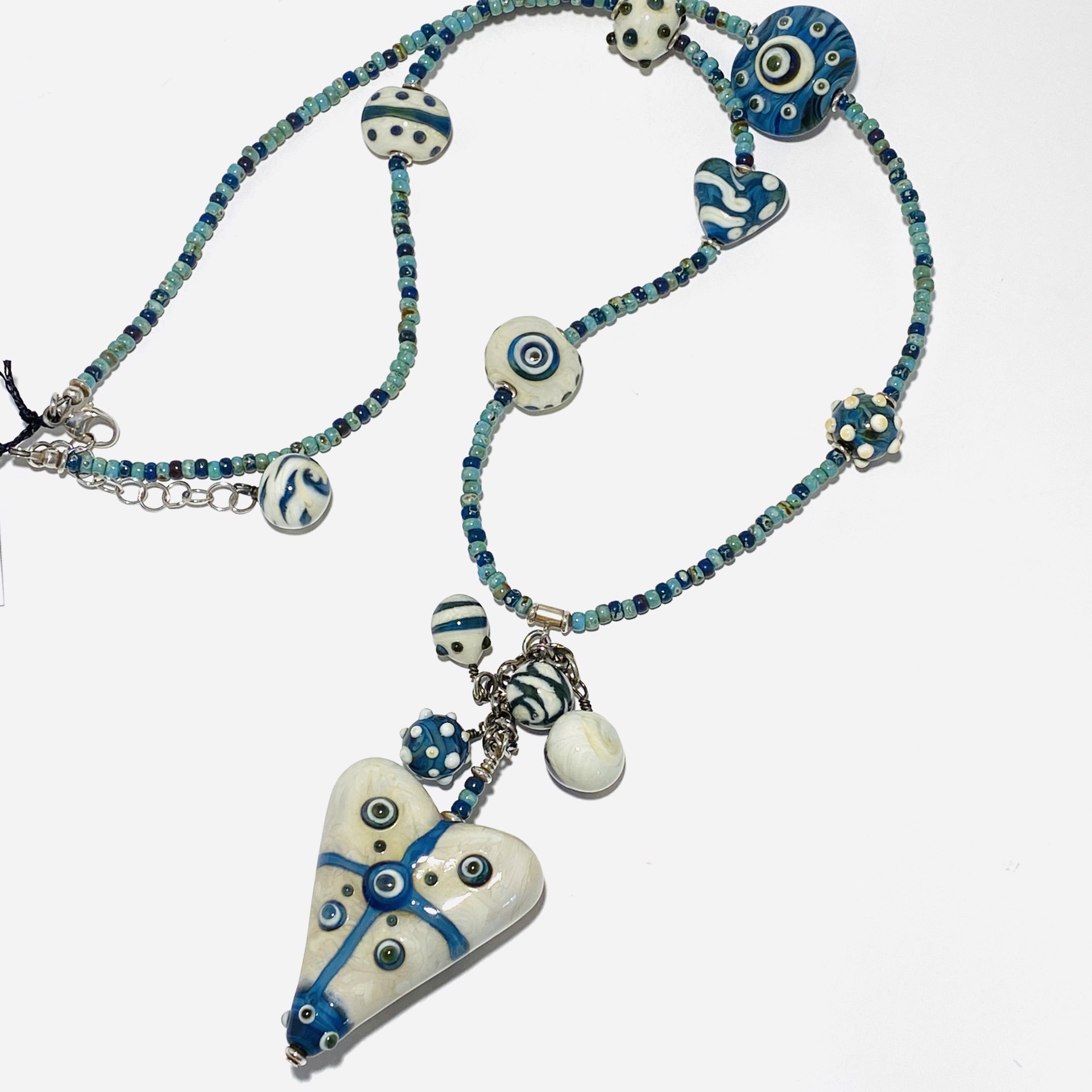 White and Blue Averio Kronos Heart Multi Bead Cluster Beaded Necklace LS23-1A by Linda Sacra