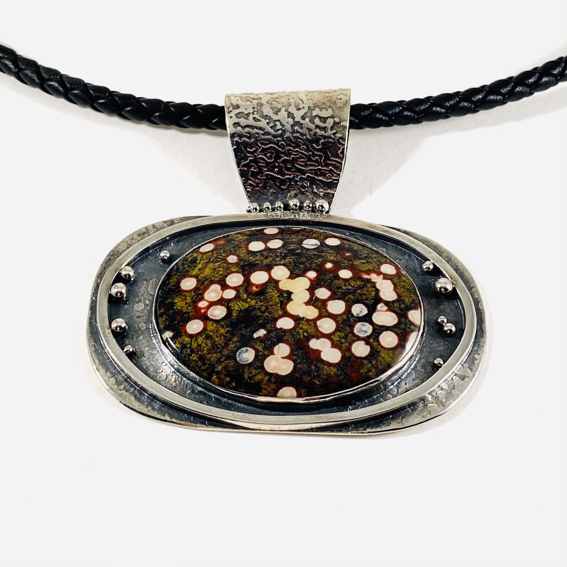 California Poppy Jasper and Sterling Pendant, Braided Black Leather Necklace AB21-28 by Anne Bivens