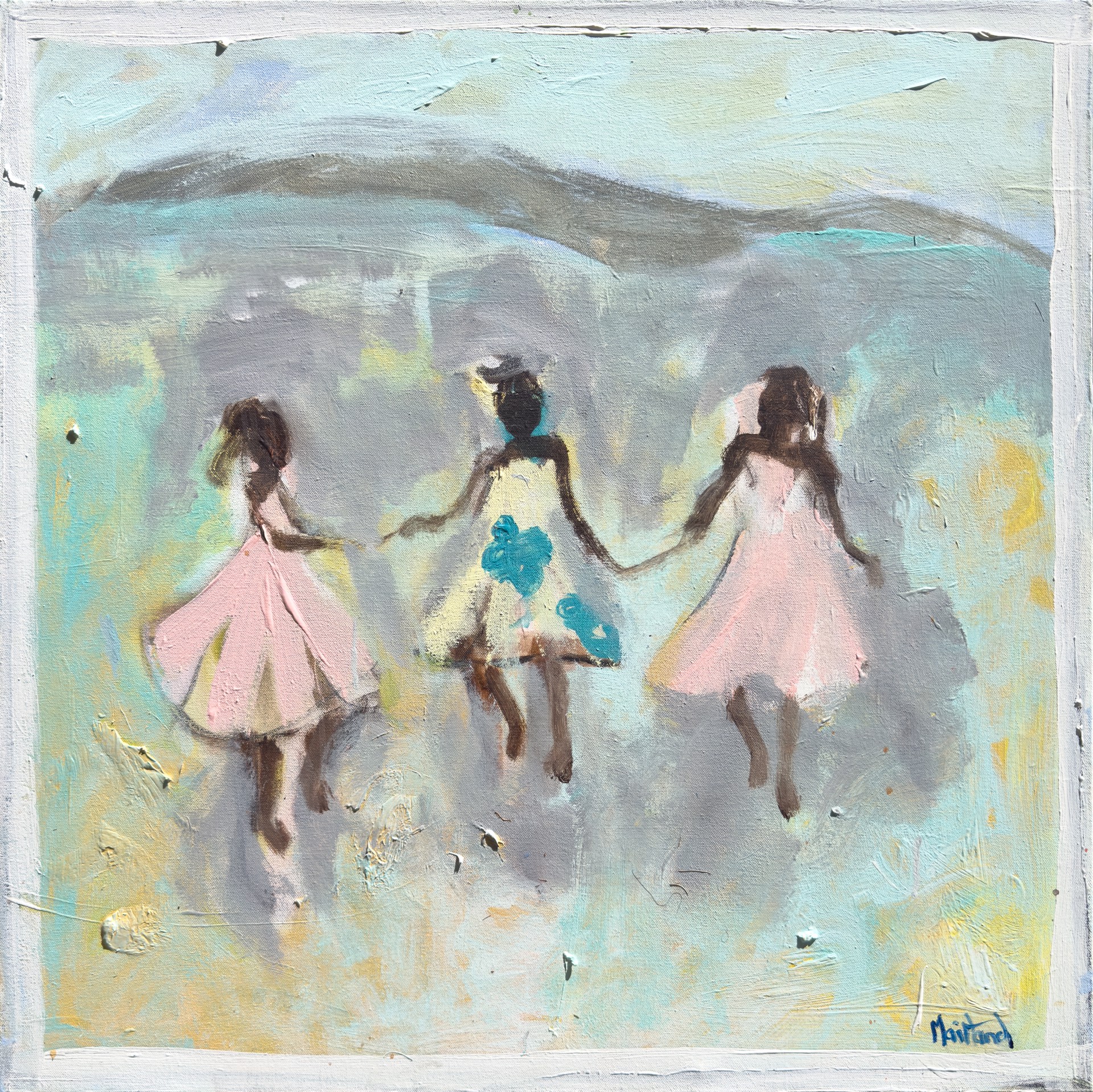 Three Girls Dancing on Blue by John Maitland