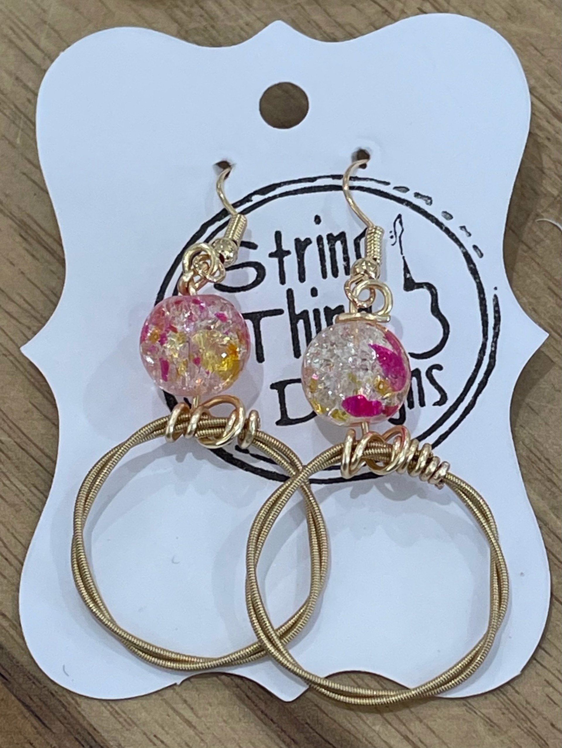 Pink and Yellow Guiltar String Earrings by String Thing Designs