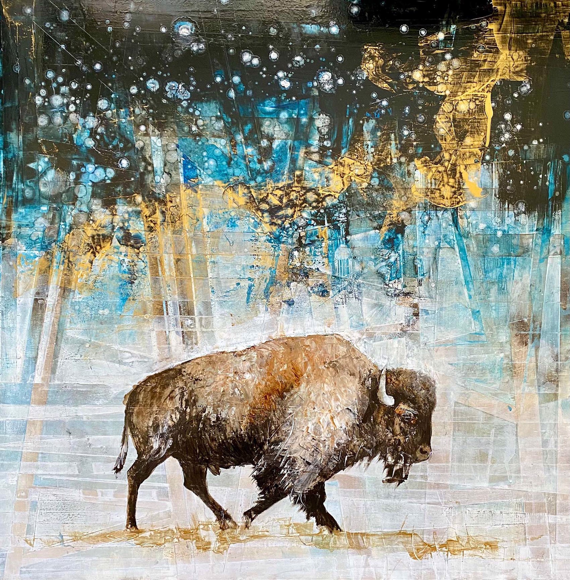 Bison Bull Walking In The Star Filled Night Sky.