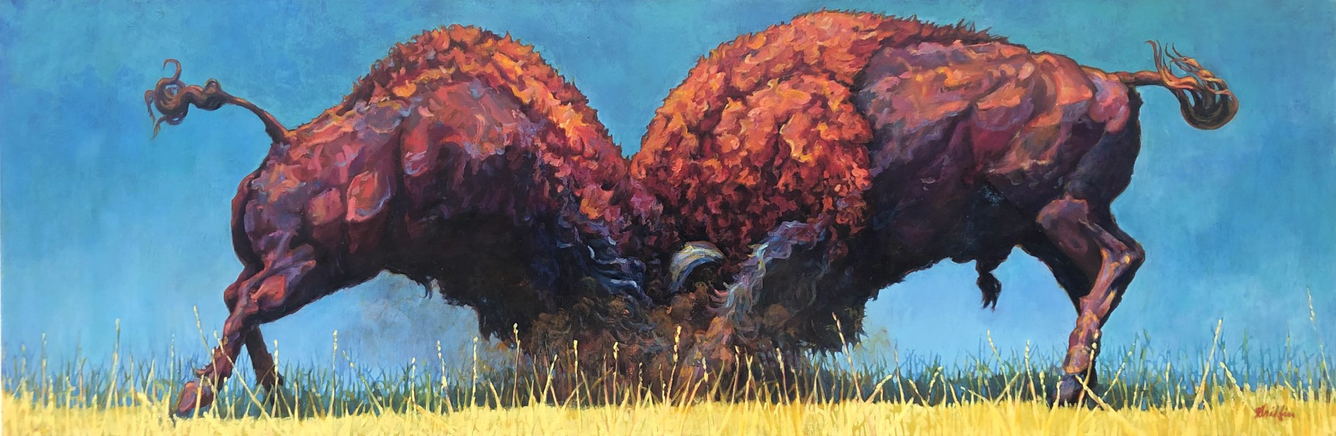 Aa Contemporary Painting Of Two Red Bison Head Butting On A Blue Background By Patricia Griffin