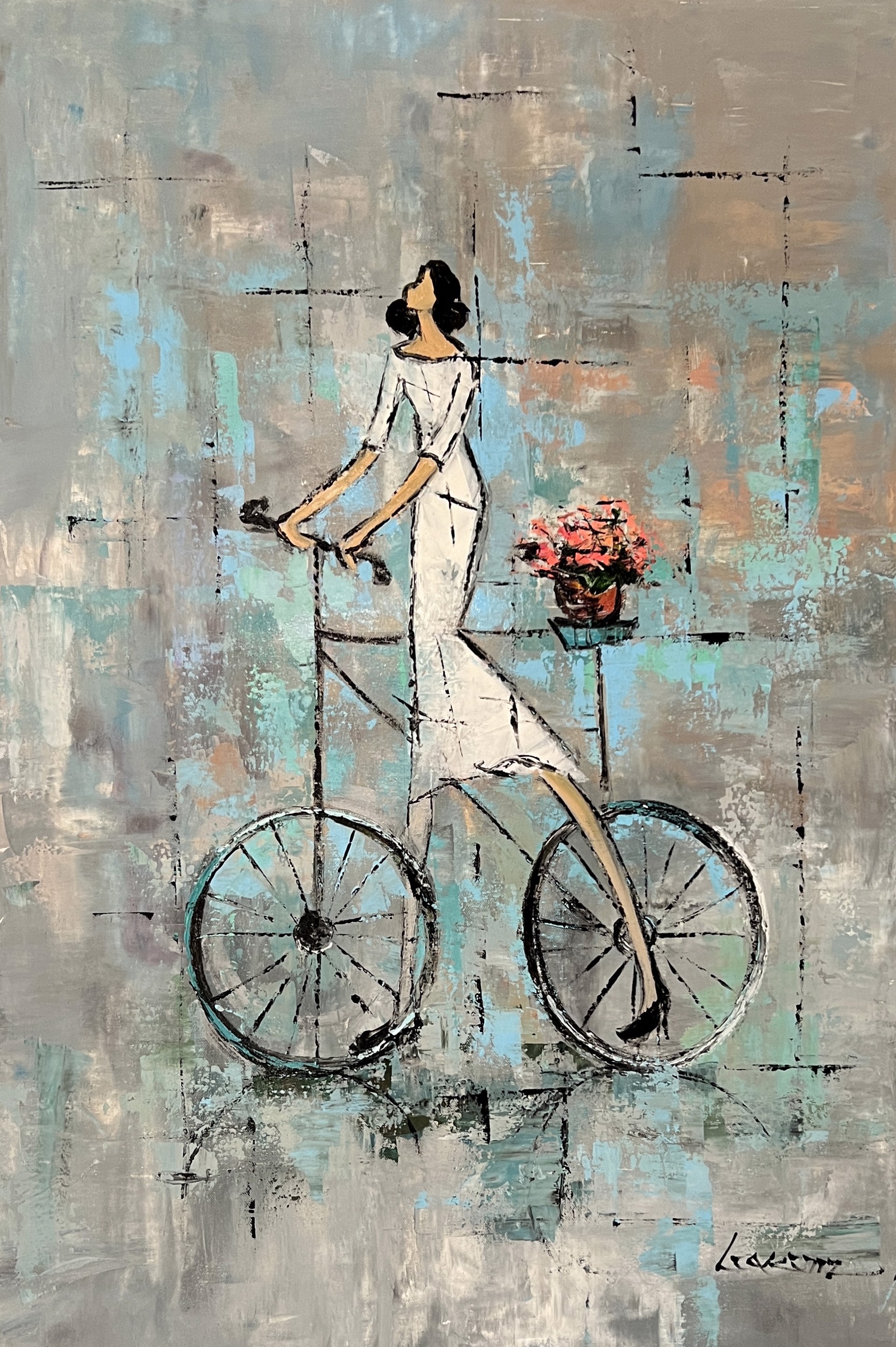 WHITE DRESSED CYCLIST WITH PINK FLOWERS by LIA KIM
