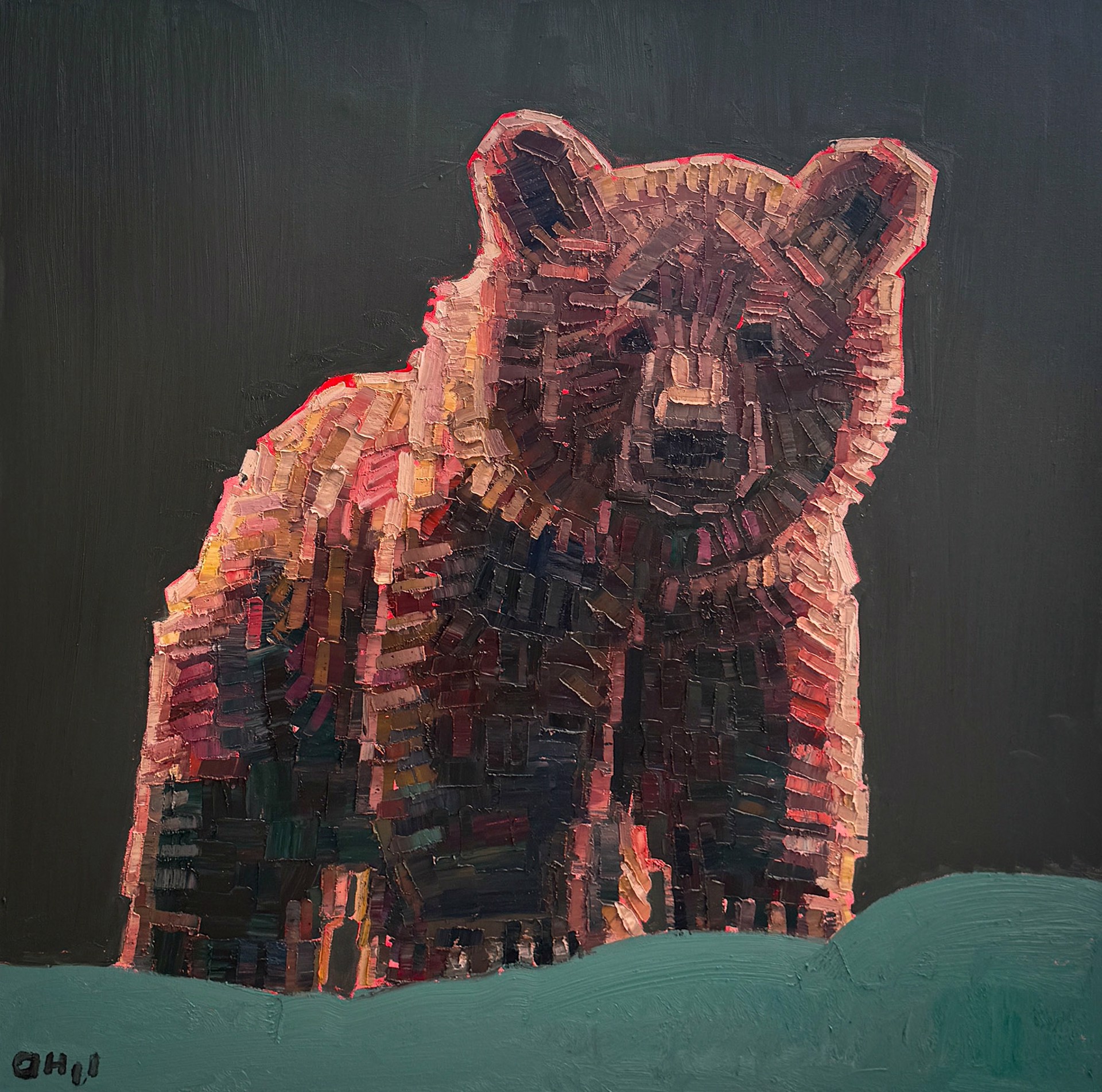 Original Oil Painting By Aaron Hazel Featuring A Grizzly Bear Cub On Dark Green Background