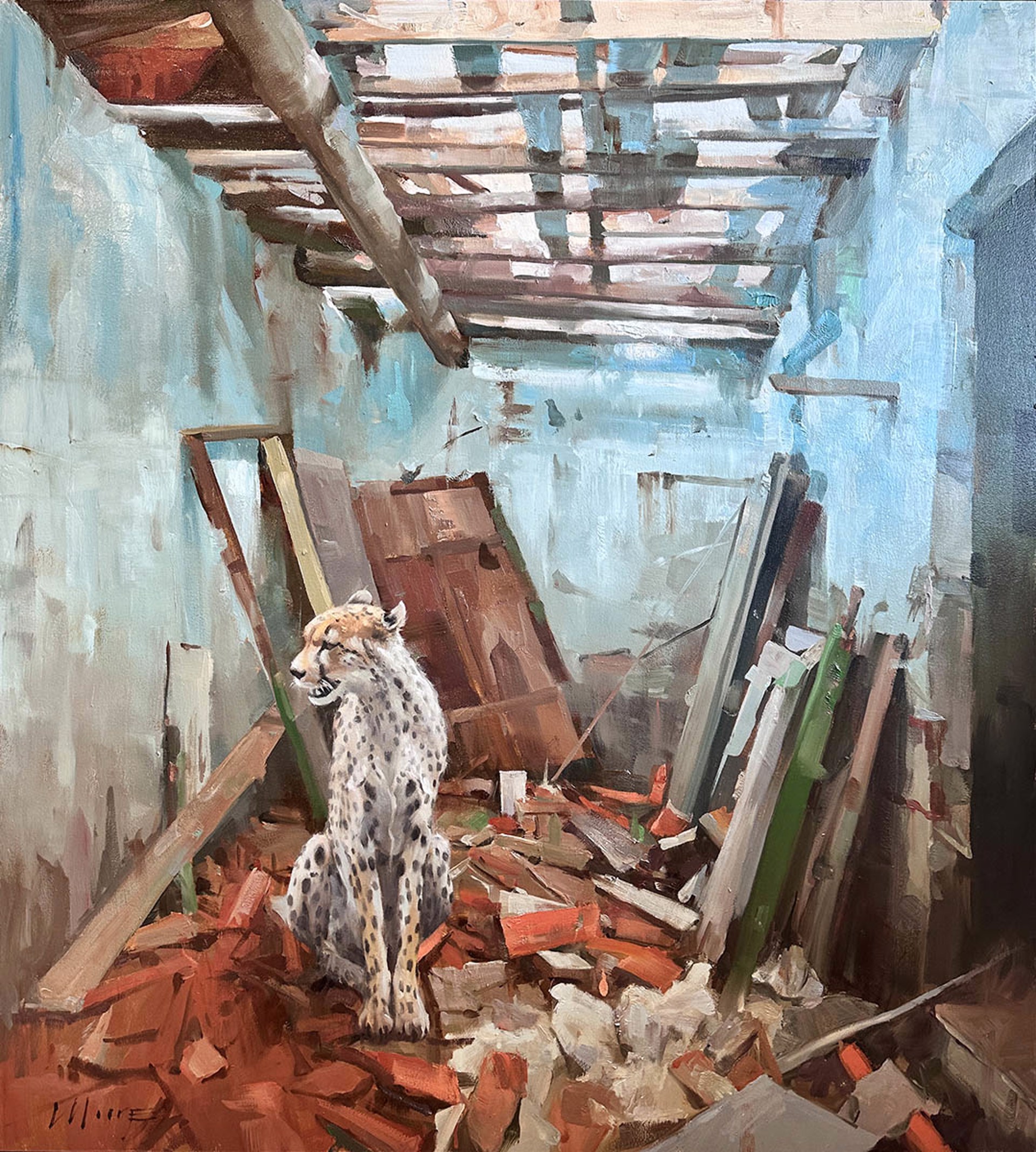 Original Oil Painting By Larry Moore Featuring A Seated Cheetah In An Abandoned Interior Space