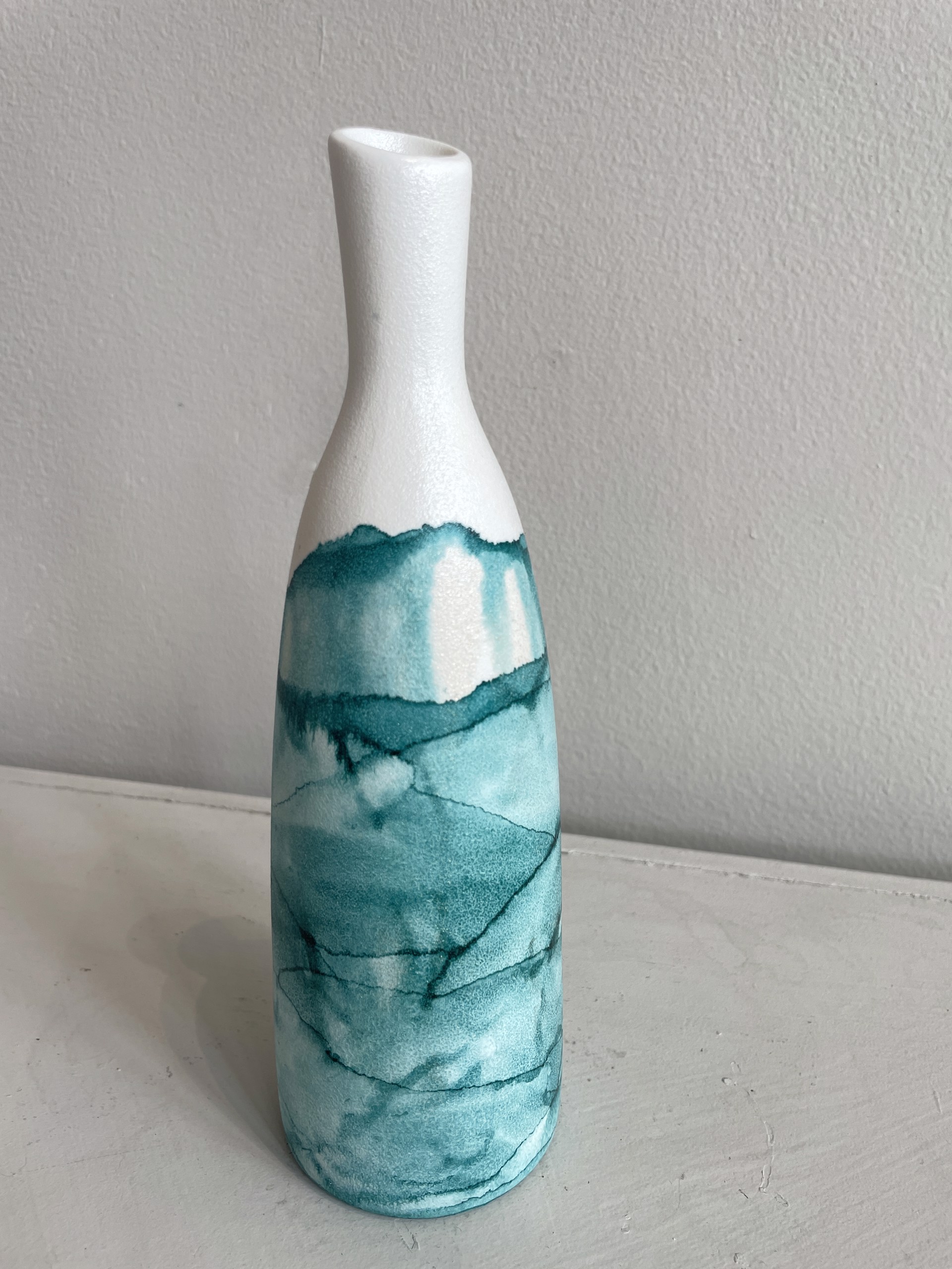 Susan Verekar, Small Teal Ceramic Vessel - Alcohol Ink Painted and Sealed