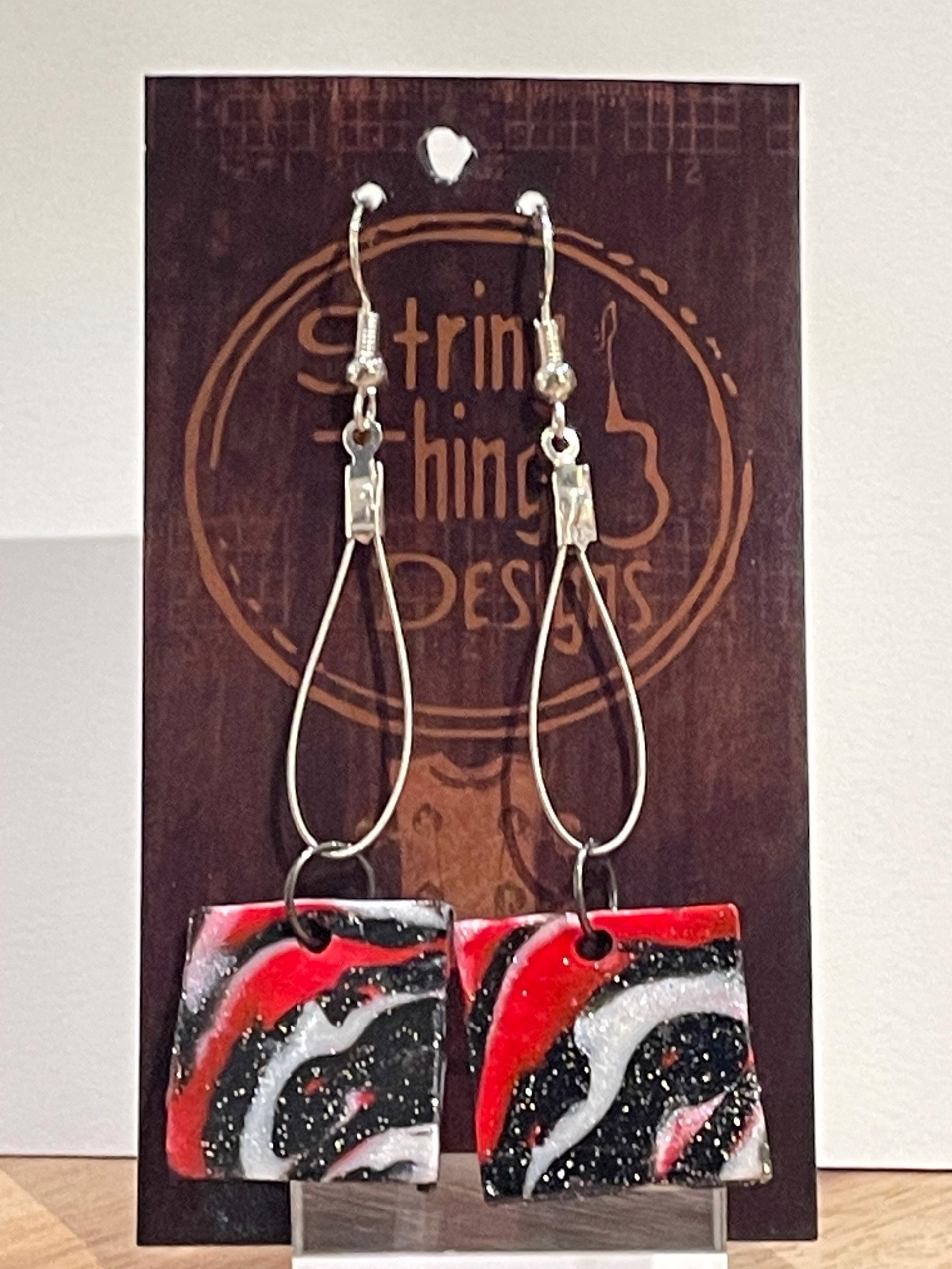 Pink/Red/Black Square Guitar String Earrings by String Thing Designs