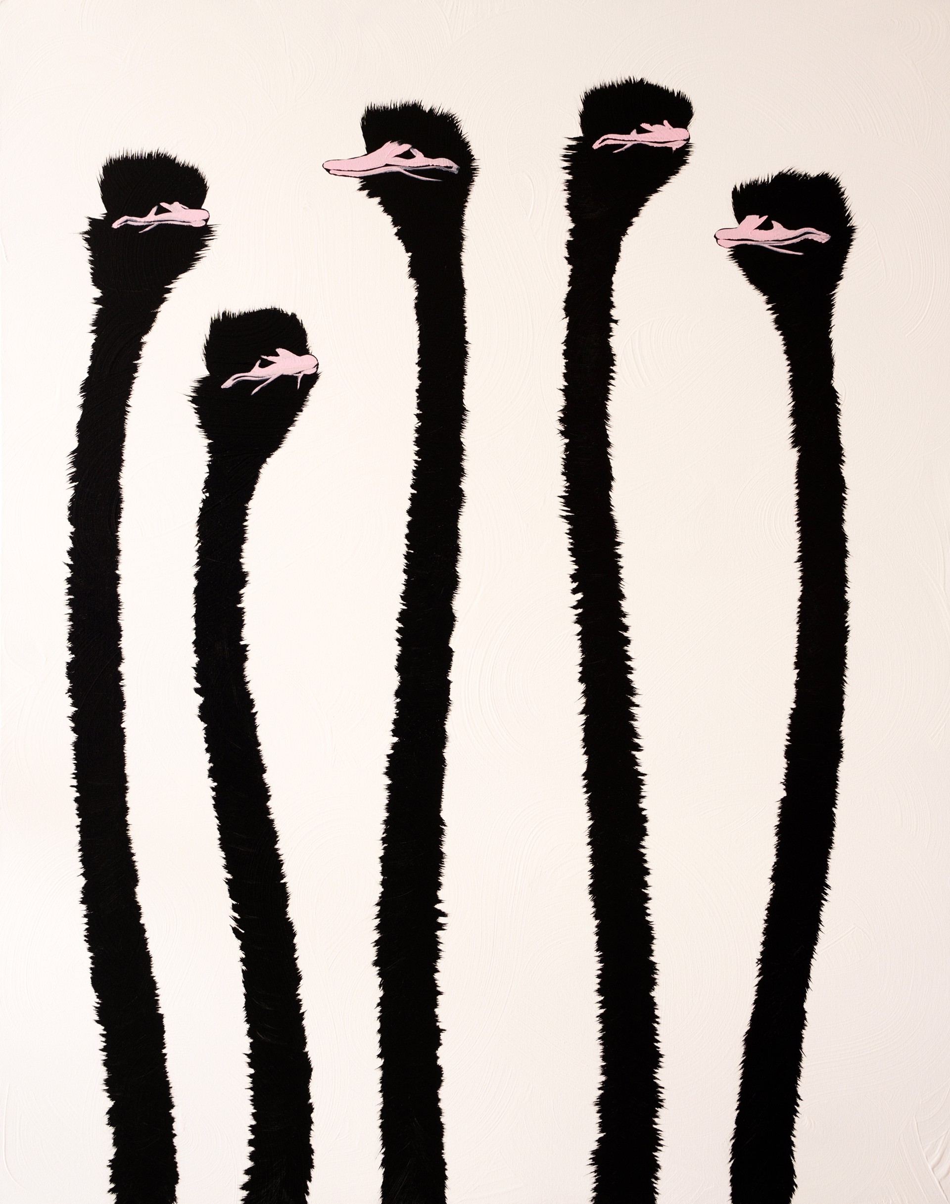 Five Pink Ostrich On White Impasto Swirls by Josh Brown