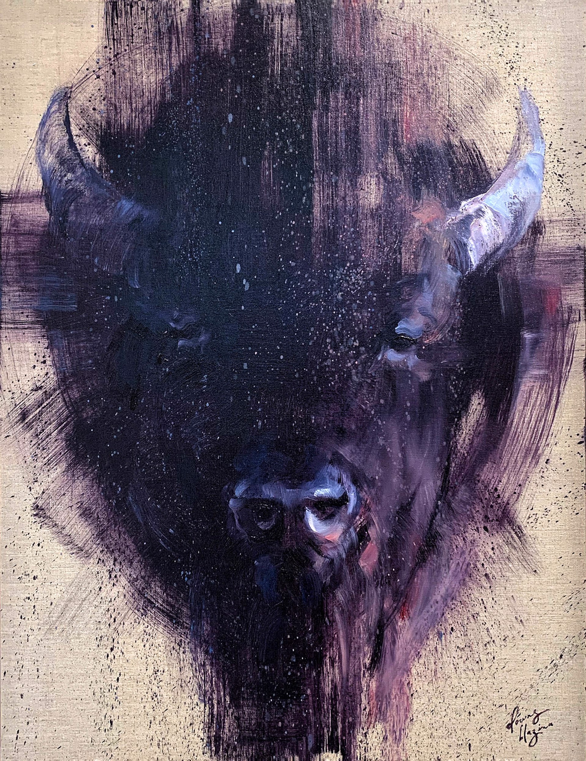 A Gestural Oil Painting Of A Bison Head With Paint Splatter And Large Brush Strokes By Amber Blazina At Gallery Wild